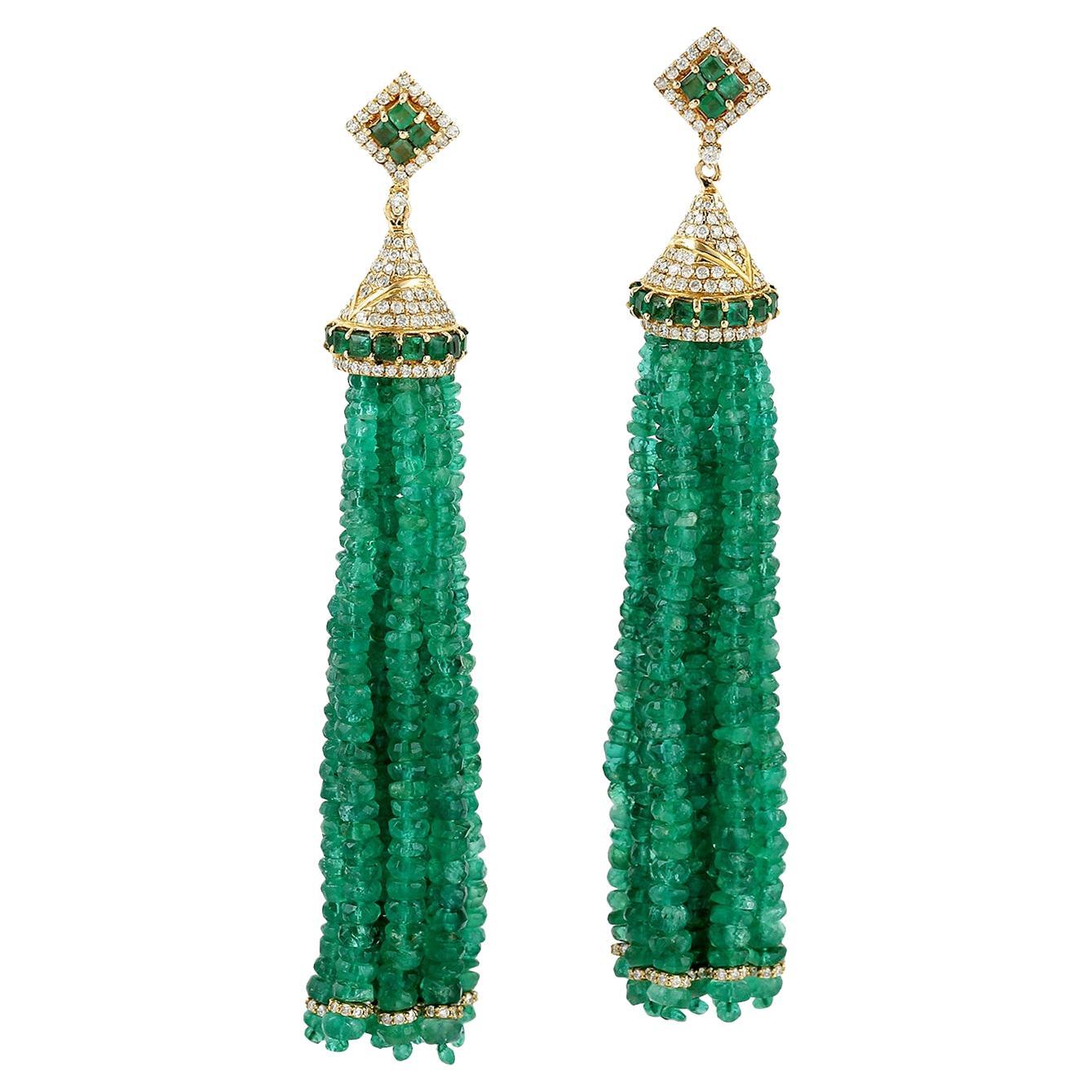 Emerald Tassel Earrings with Diamond Pave Top in 18K Yellow Gold For Sale