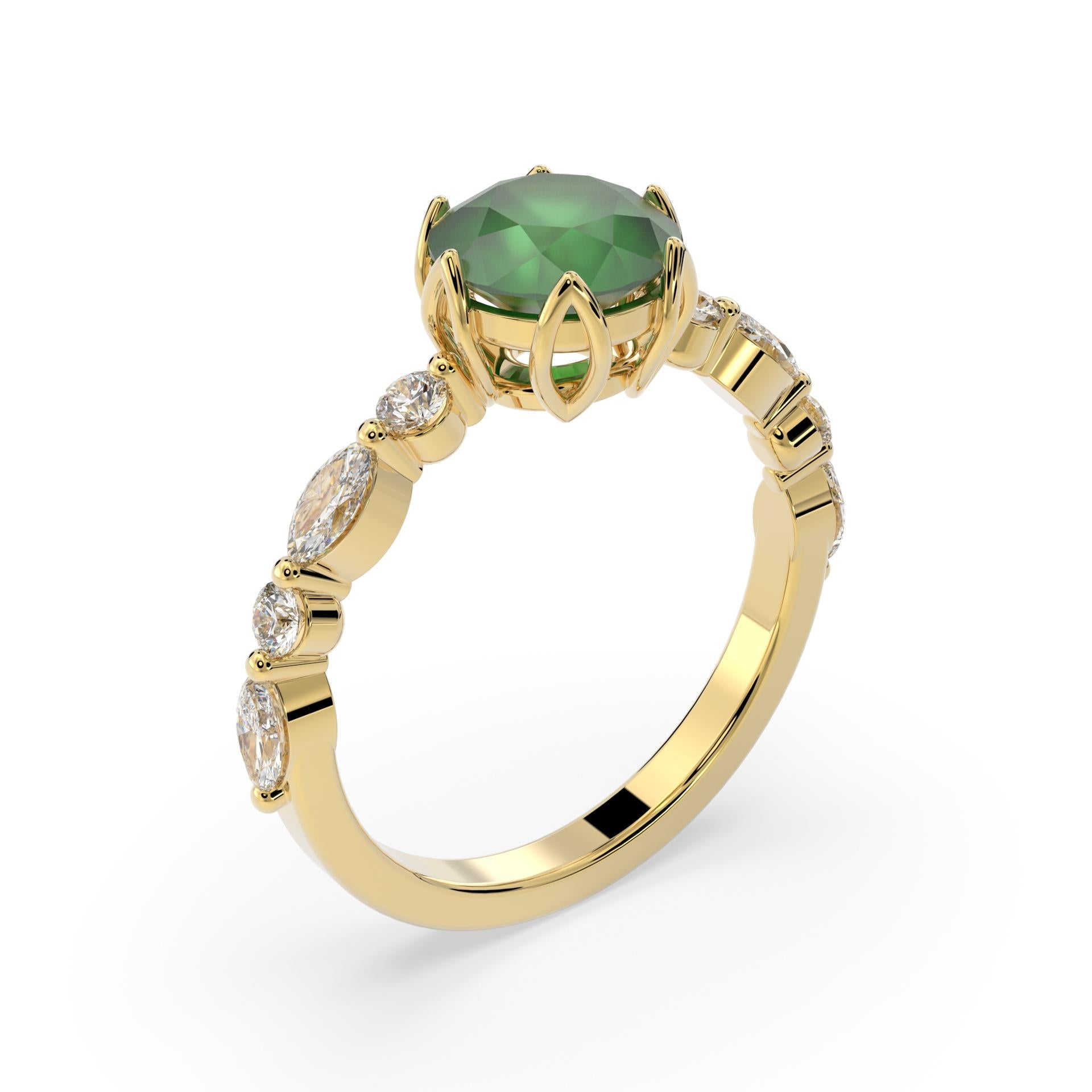 For Sale:  Green Emerald Engagement Ring with Round and Marquise Diamonds set in 18K gold 2