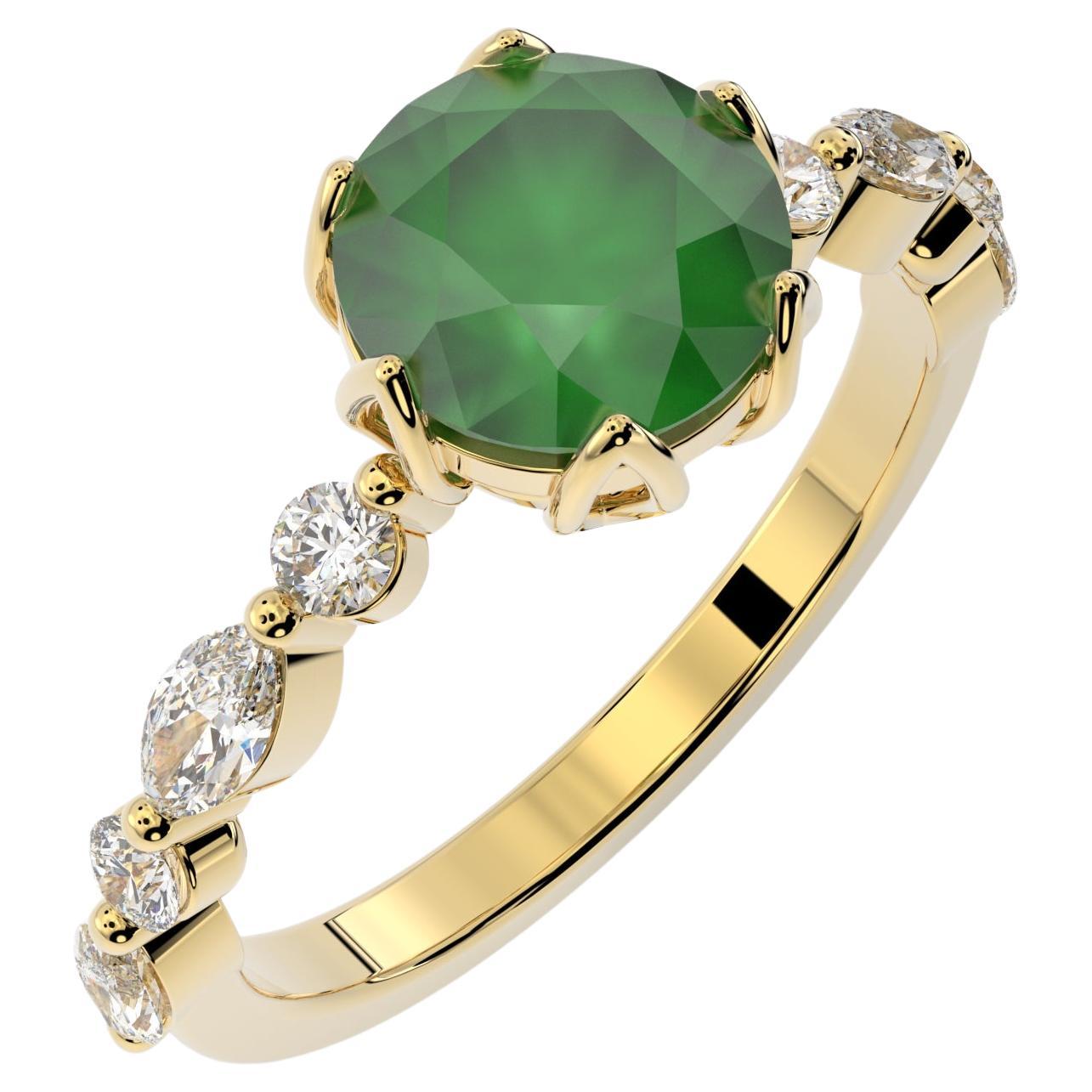 Green Emerald Engagement Ring with Round and Marquise Diamonds set in 18K gold