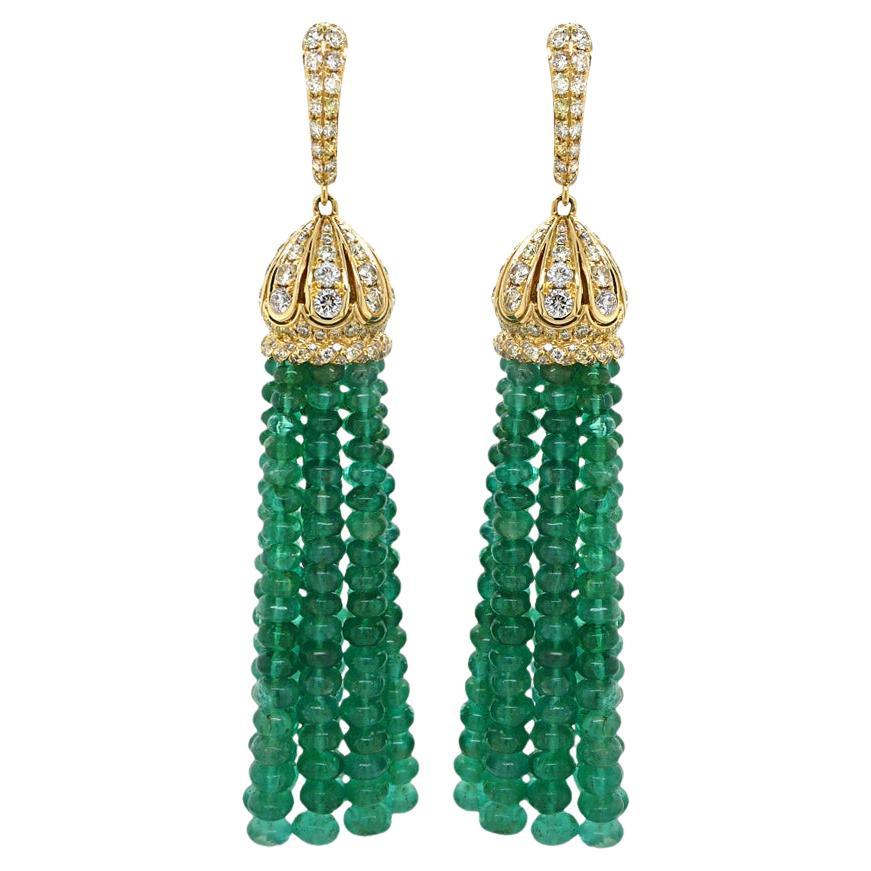 Green Emerald & Fancy Diamond 18K Yellow Gold Tassel Bead Drop Earrings