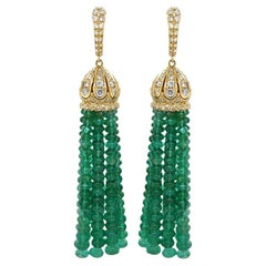 Green Emerald & Fancy Diamond 18K Yellow Gold Tassel Bead Drop Earrings