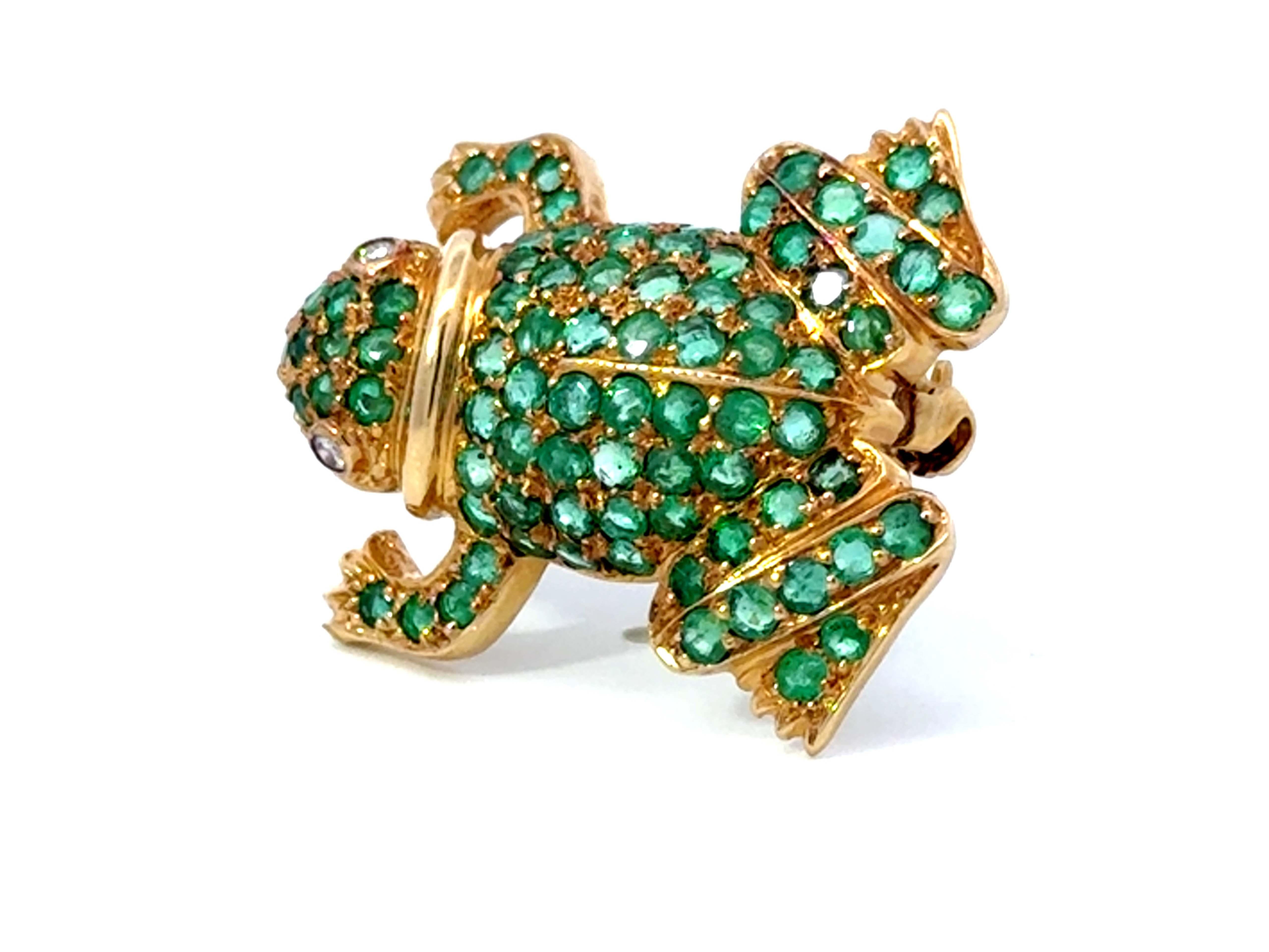 Green Emerald Frog Diamond Eyes Brooch 18k Yellow Gold In Excellent Condition For Sale In Honolulu, HI