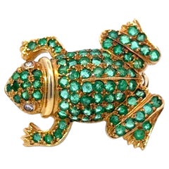 Green Emerald Frog Diamond Eyes Brooch 18k Yellow Gold