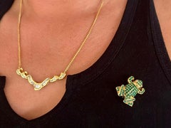 Green Emerald Frog with Diamond Eyes Brooch 18k Yellow Gold