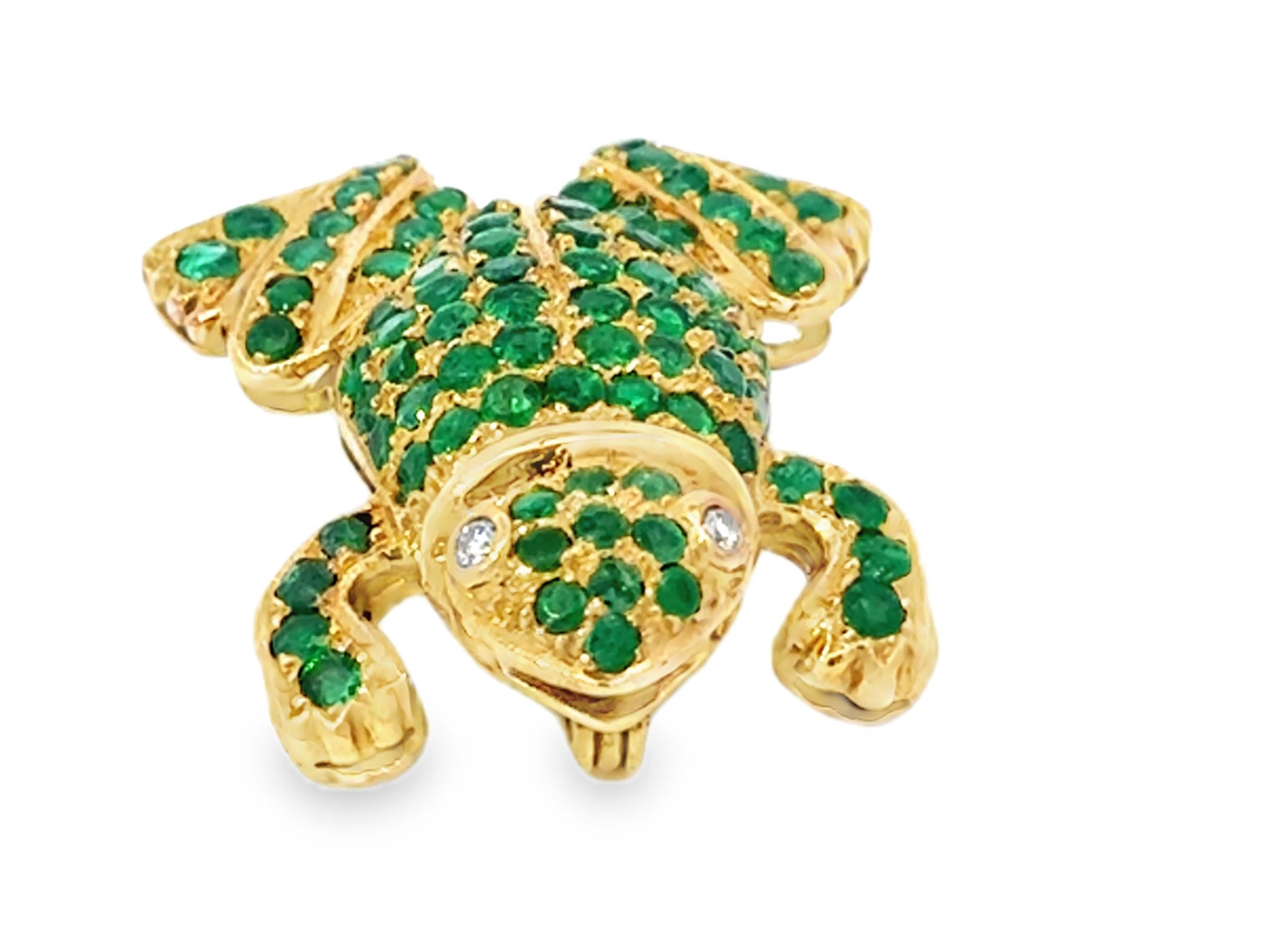 Modern Green Emerald Frog with Diamond Eyes Brooch 18k Yellow Gold For Sale