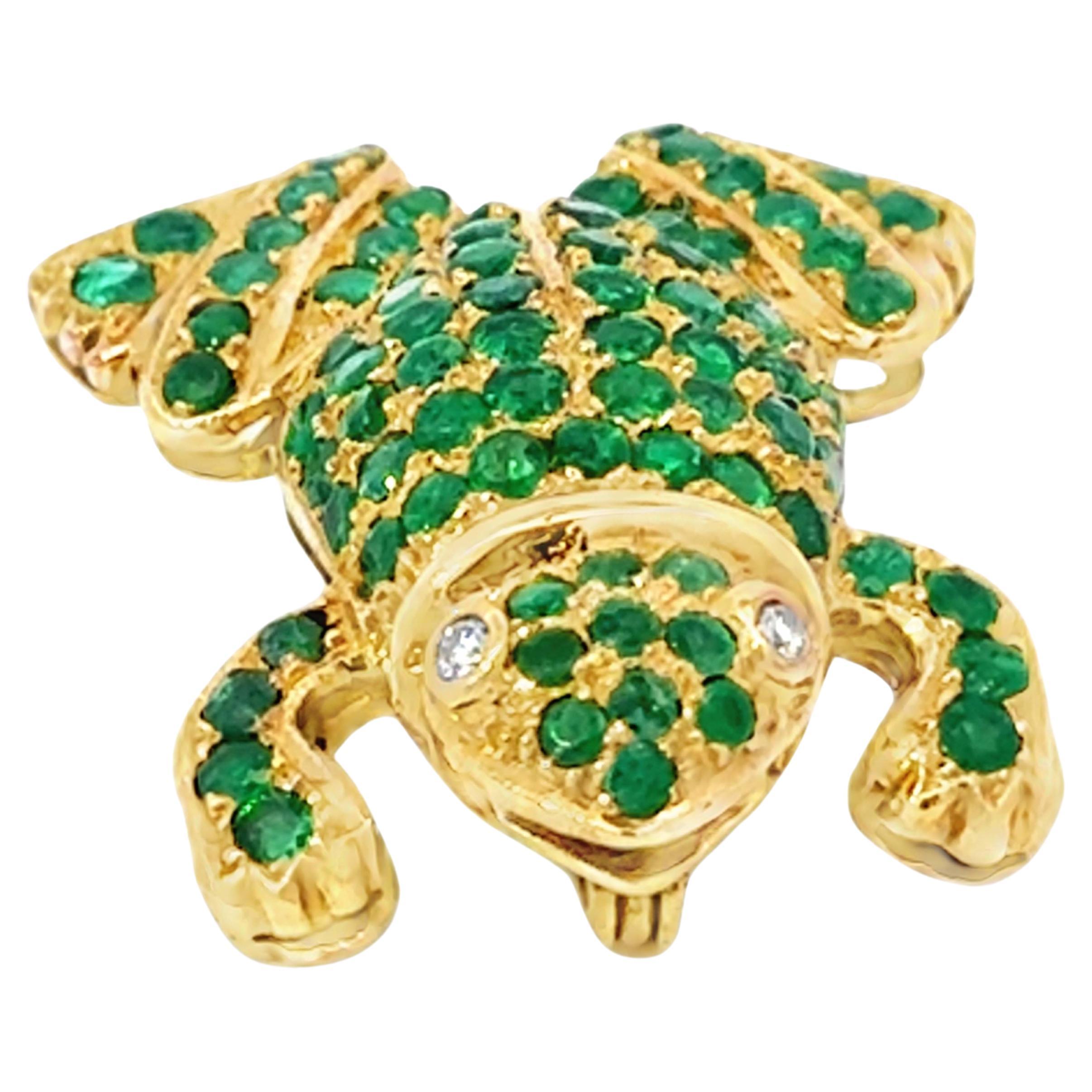Green Emerald Frog with Diamond Eyes Brooch 18k Yellow Gold