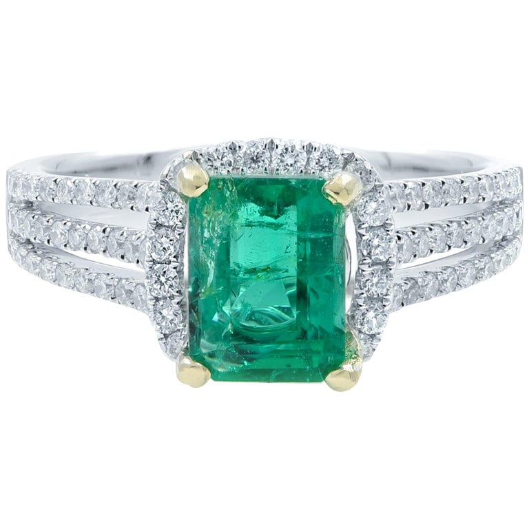 Green Emerald Halo Engagement Ring White Gold Diamonds For Sale at ...