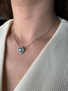 Green Emerald Heart Shape Cut Diamonds Halo 18K White Gold Pendant Necklace