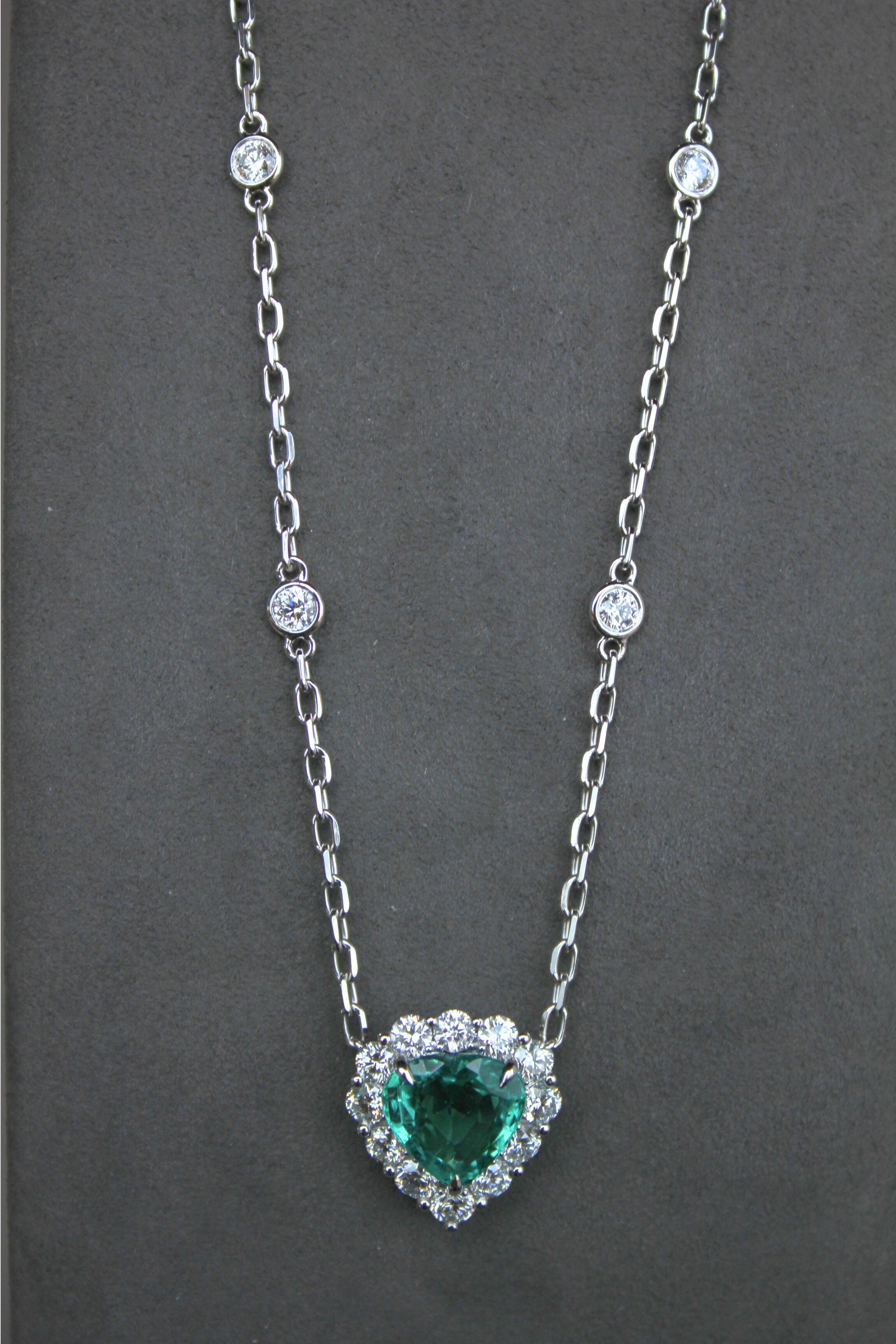 Green Emerald Heart Shape Cut Diamonds Halo 18K White Gold Pendant Necklace For Sale 2