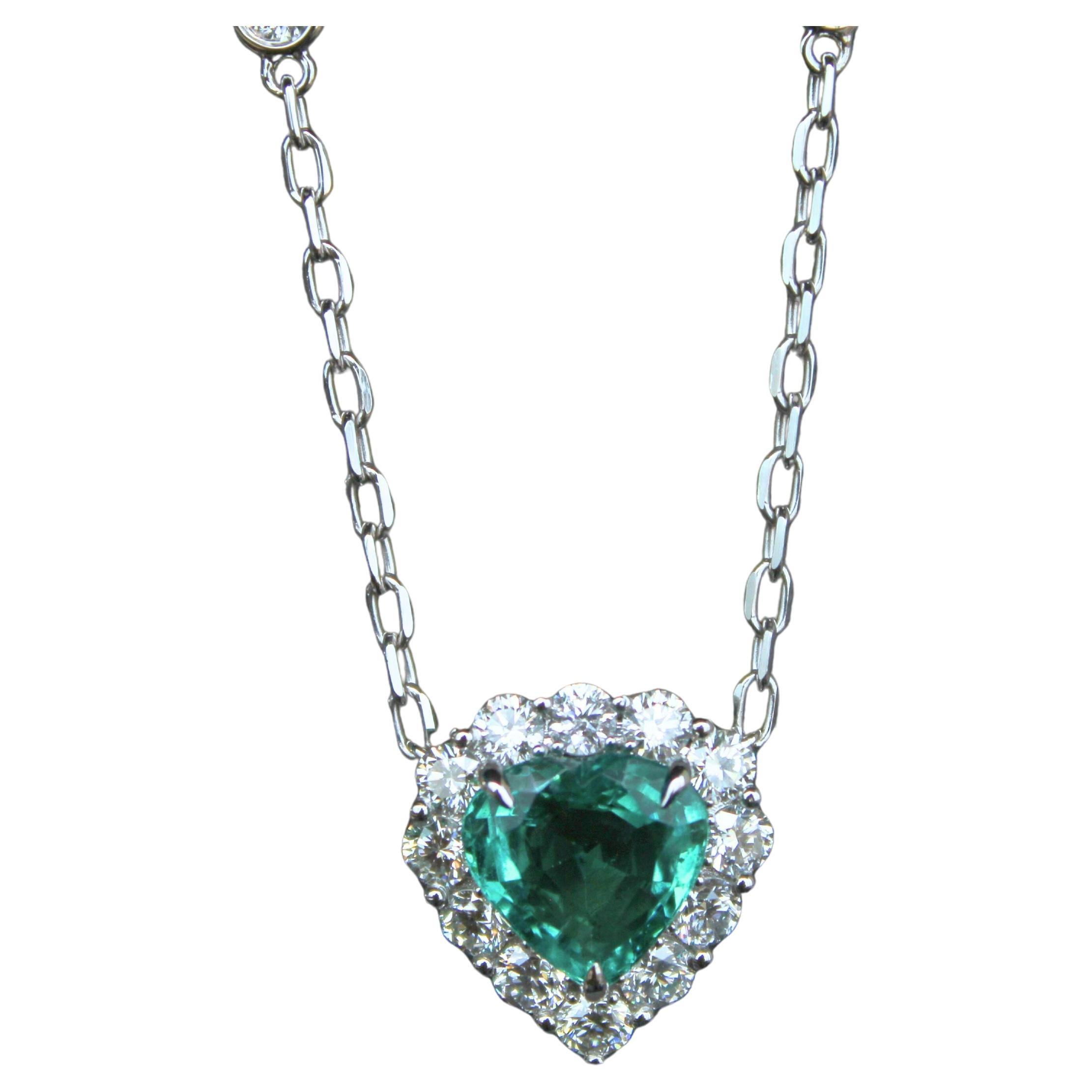 Green Emerald Heart Shape Cut Diamonds Halo 18K White Gold Pendant Necklace