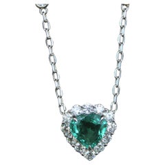 Green Emerald Heart Shape Cut Diamonds Halo 18K White Gold Pendant Necklace