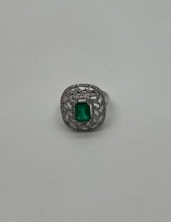 Green Emerald Leaf Leaves Wreath Diamond Halo 14K White Gold Cocktail Ring