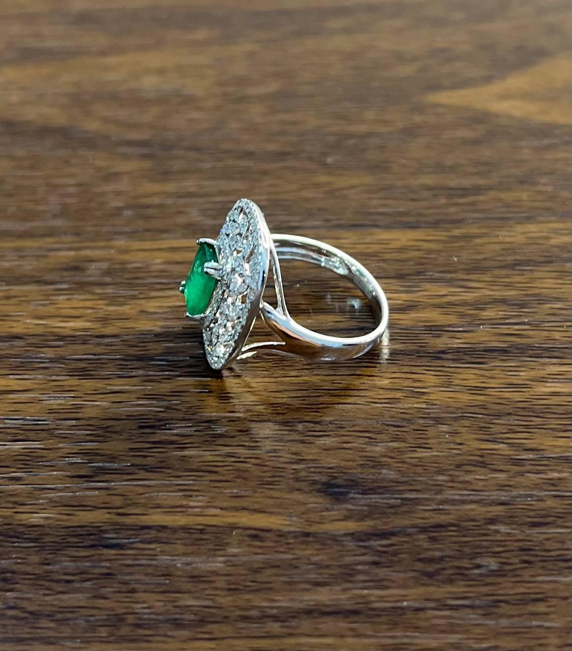 Green Emerald Leaf Leaves Wreath Diamond Halo 14K White Gold Cocktail Ring For Sale 1