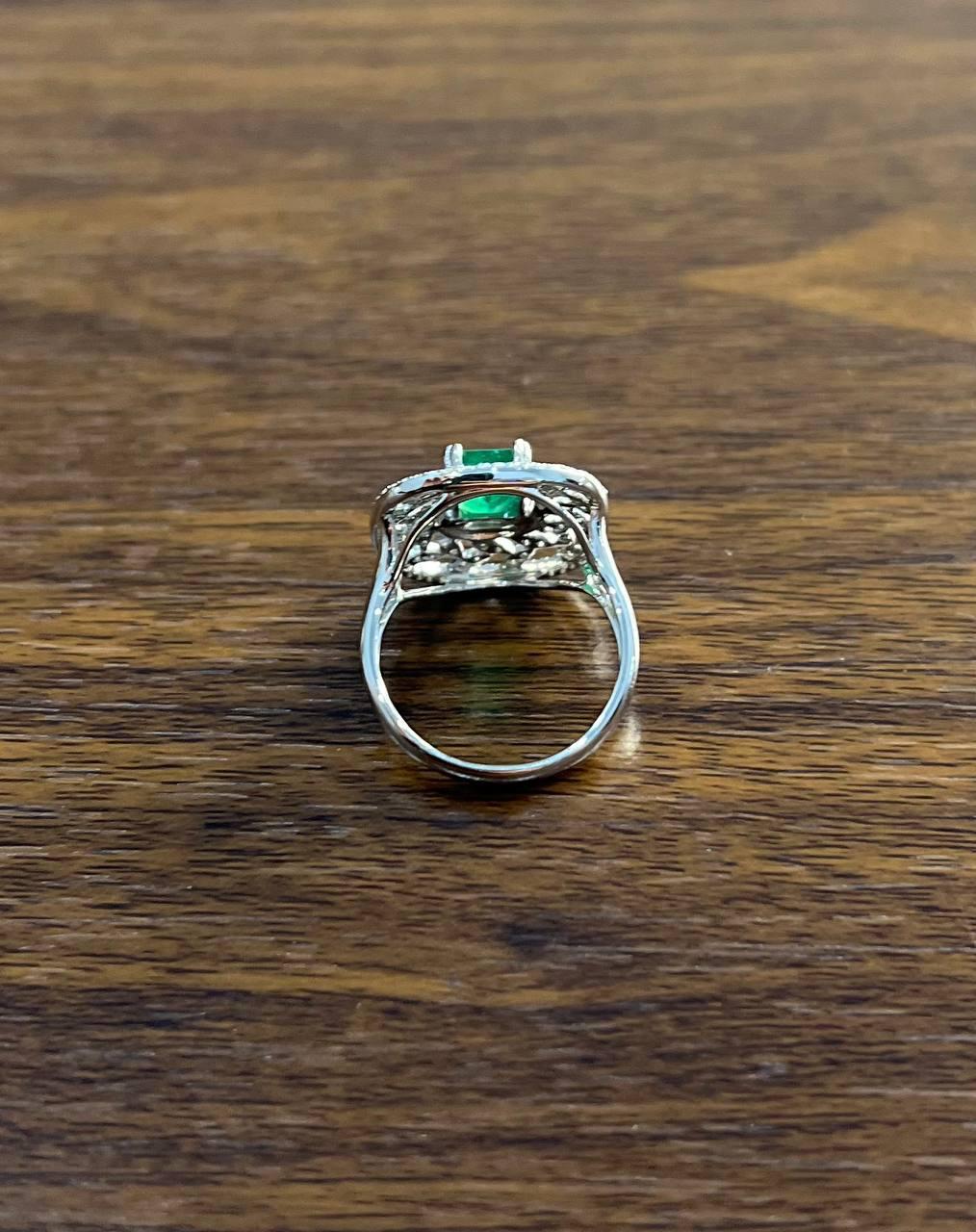 Green Emerald Leaf Leaves Wreath Diamond Halo 14K White Gold Cocktail Ring For Sale 2