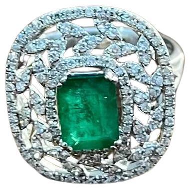 Green Emerald Leaf Leaves Wreath Diamond Halo 14K White Gold Cocktail Ring For Sale
