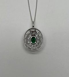 Green Emerald Leaf Leaves Wreath Diamond Halo 14K White Gold Pendant Necklace