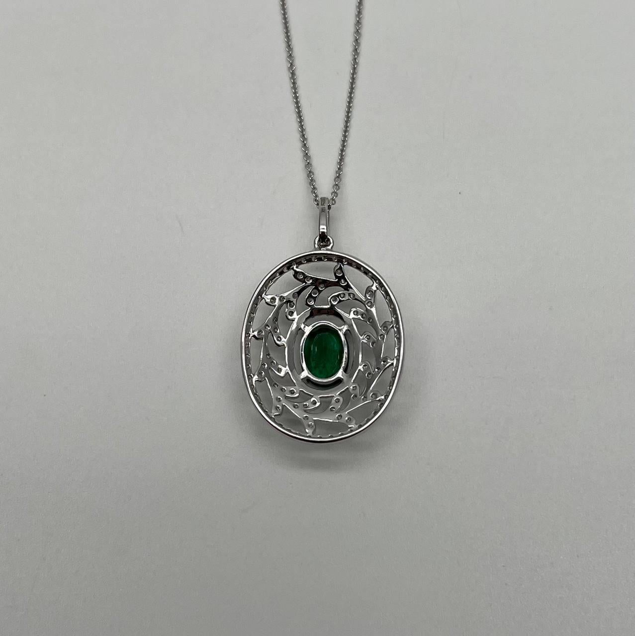 Mixed Cut Green Emerald Leaf Leaves Wreath Diamond Halo 14K White Gold Pendant Necklace For Sale