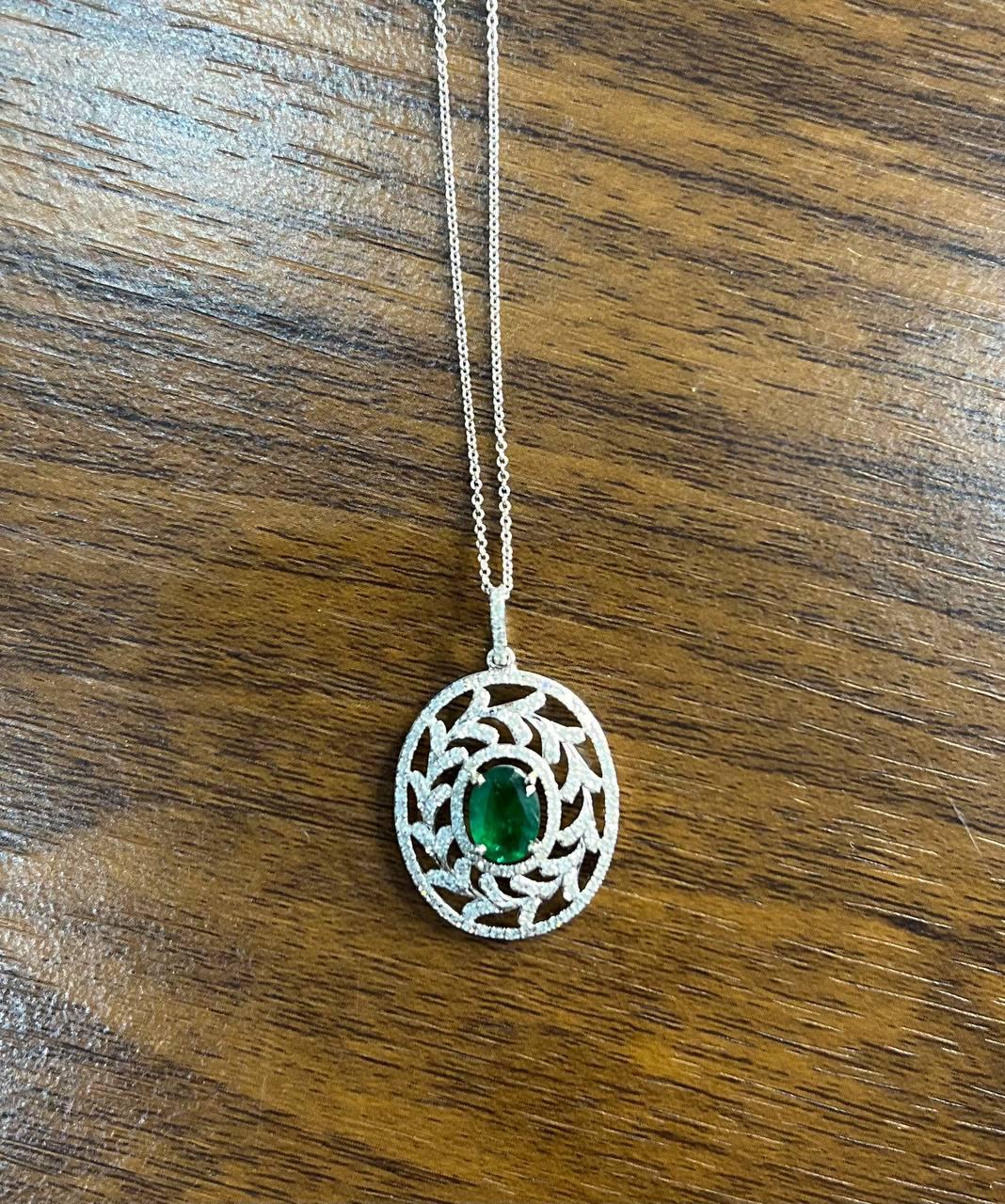 Green Emerald Leaf Leaves Wreath Diamond Halo 14K White Gold Pendant Necklace In New Condition For Sale In Oakton, VA