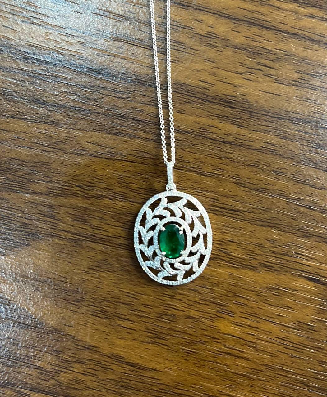 Women's Green Emerald Leaf Leaves Wreath Diamond Halo 14K White Gold Pendant Necklace For Sale