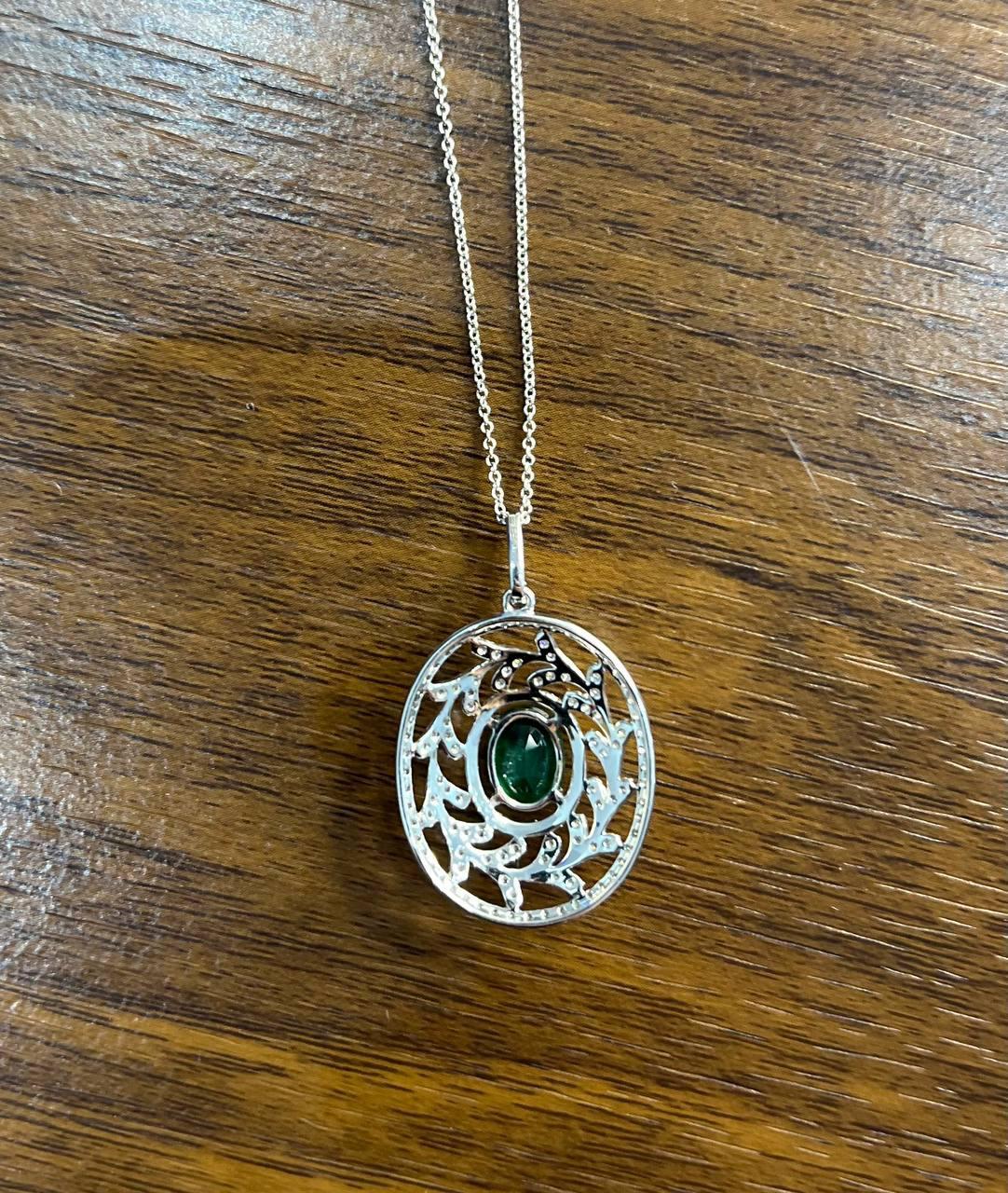 Green Emerald Leaf Leaves Wreath Diamond Halo 14K White Gold Pendant Necklace For Sale 2
