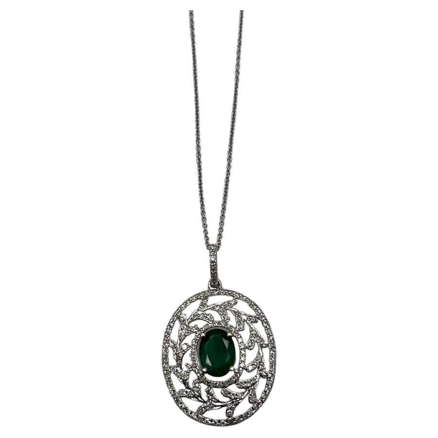 Green Emerald Leaf Leaves Wreath Diamond Halo 14K White Gold Pendant Necklace For Sale