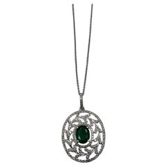 Green Emerald Leaf Leaves Wreath Diamond Halo 14K White Gold Pendant Necklace