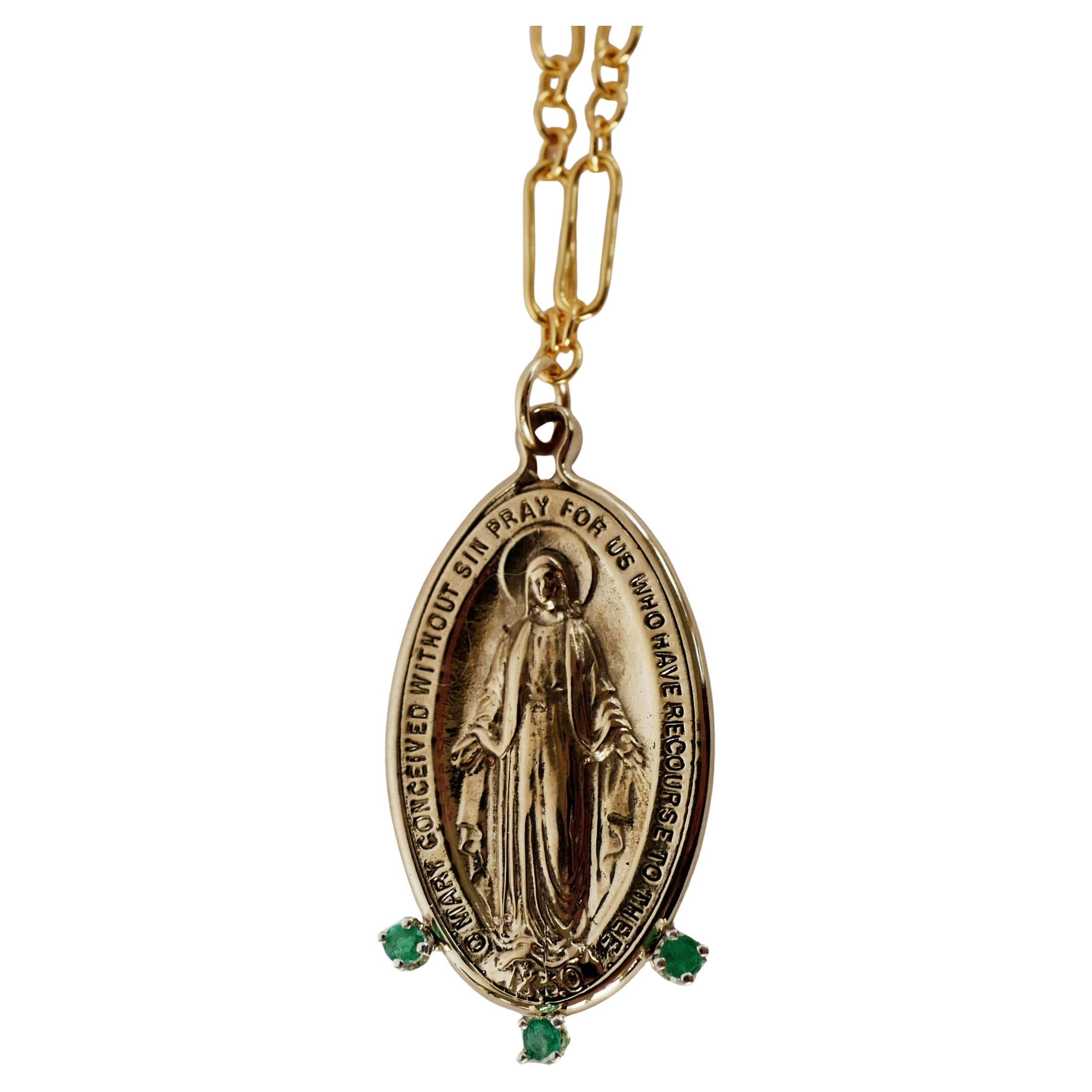 Green Emerald Long Chain Necklace Virgin Mary Miraculous Medal Oval Pendant
