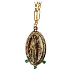 Green Emerald Long Chain Necklace Virgin Mary Miraculous Medal Oval Pendant
