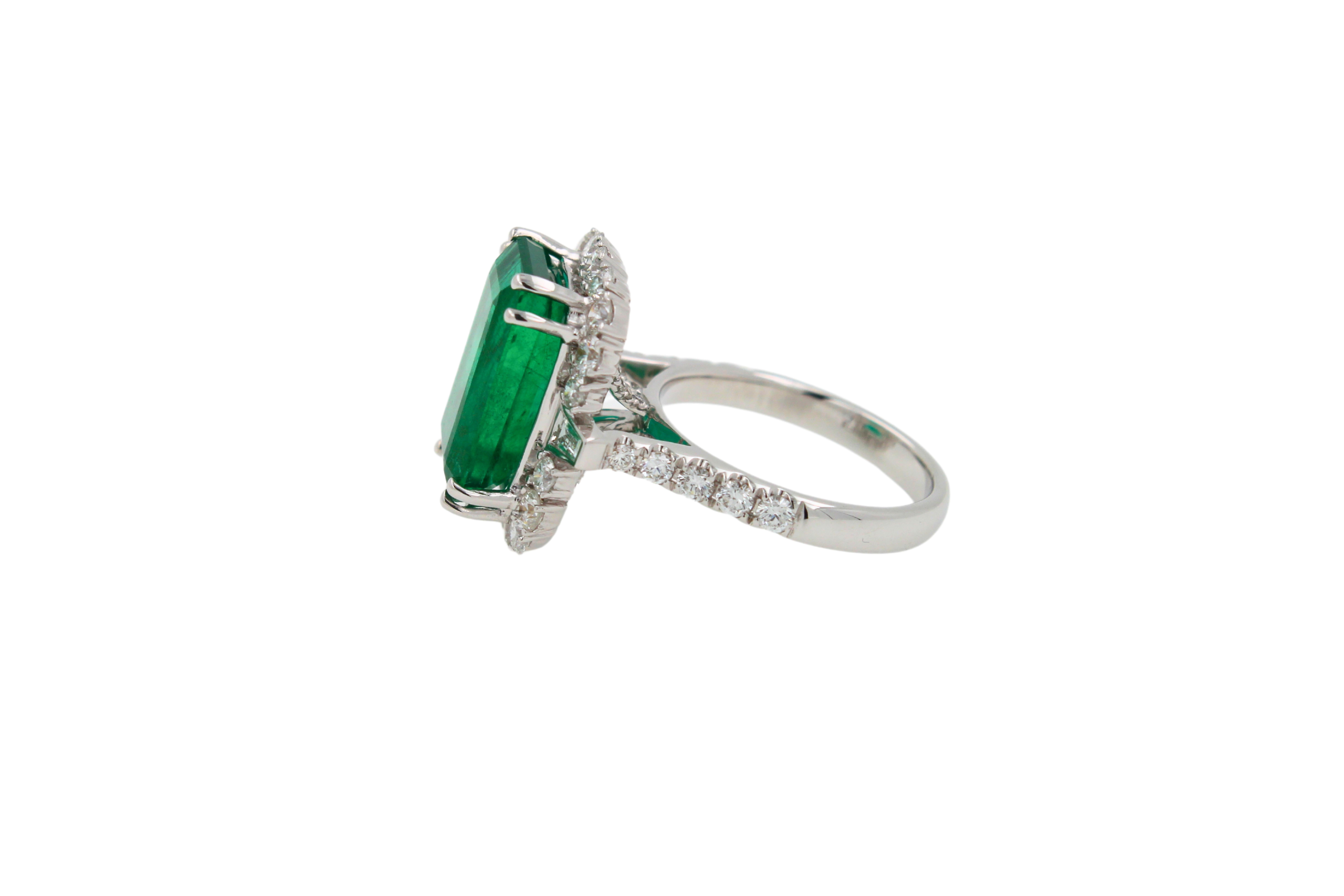 Green Emerald Octagon Cut Rectangle Diamond Halo Baguette 18K White Gold Ring For Sale 4