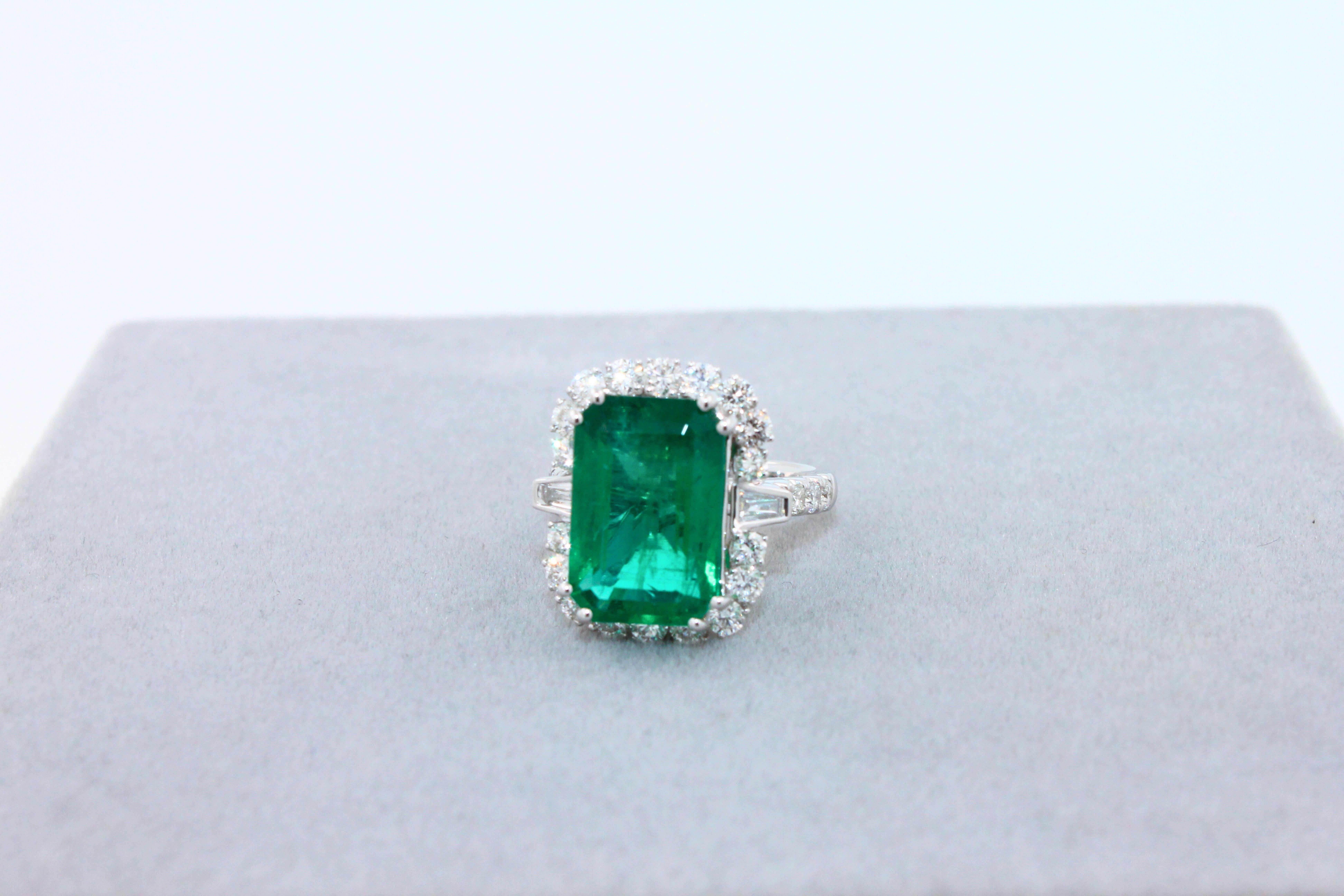 Green Emerald Octagon Cut Rectangle Diamond Halo Baguette 18K White Gold Ring For Sale 5