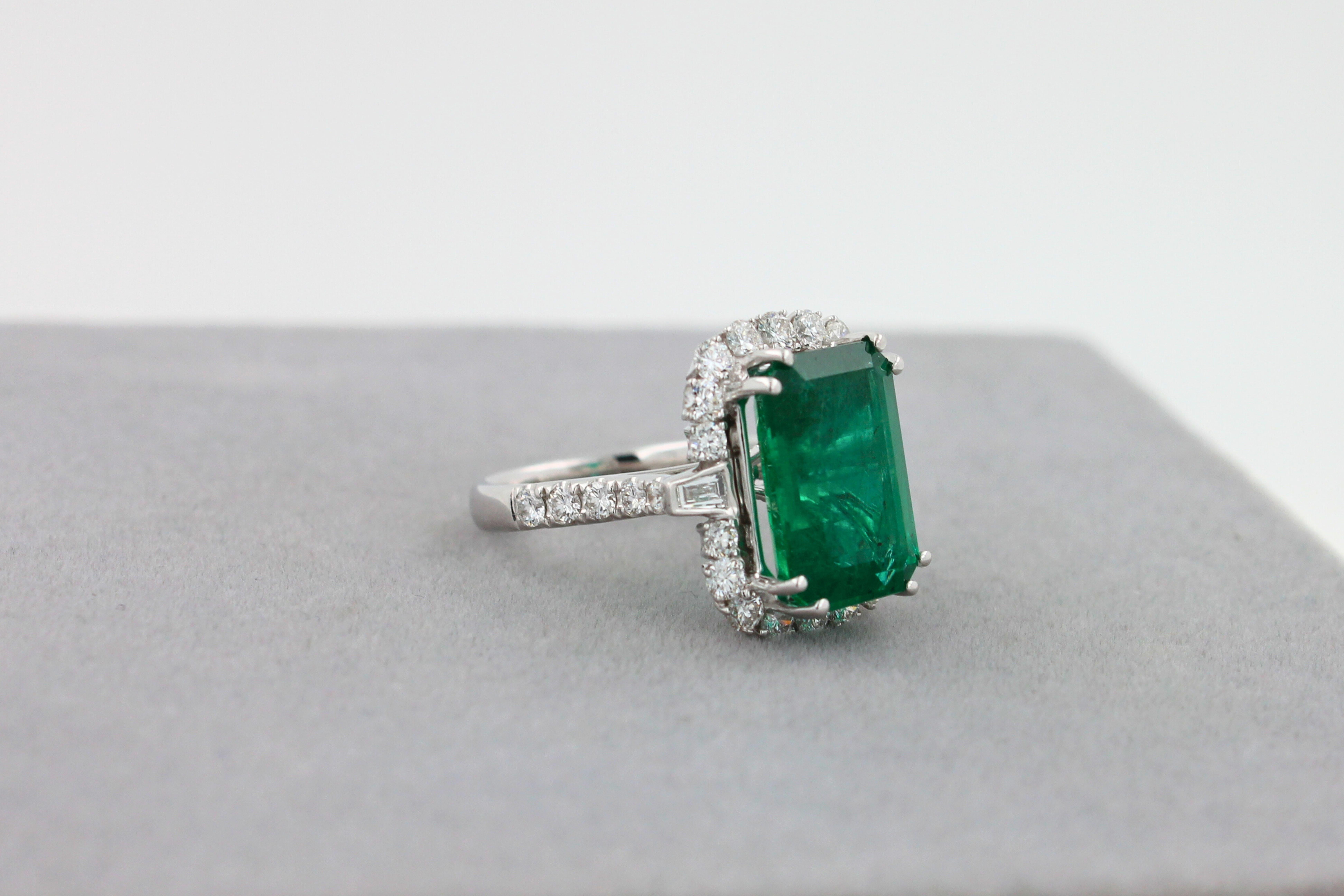 Green Emerald Octagon Cut Rectangle Diamond Halo Baguette 18K White Gold Ring For Sale 6