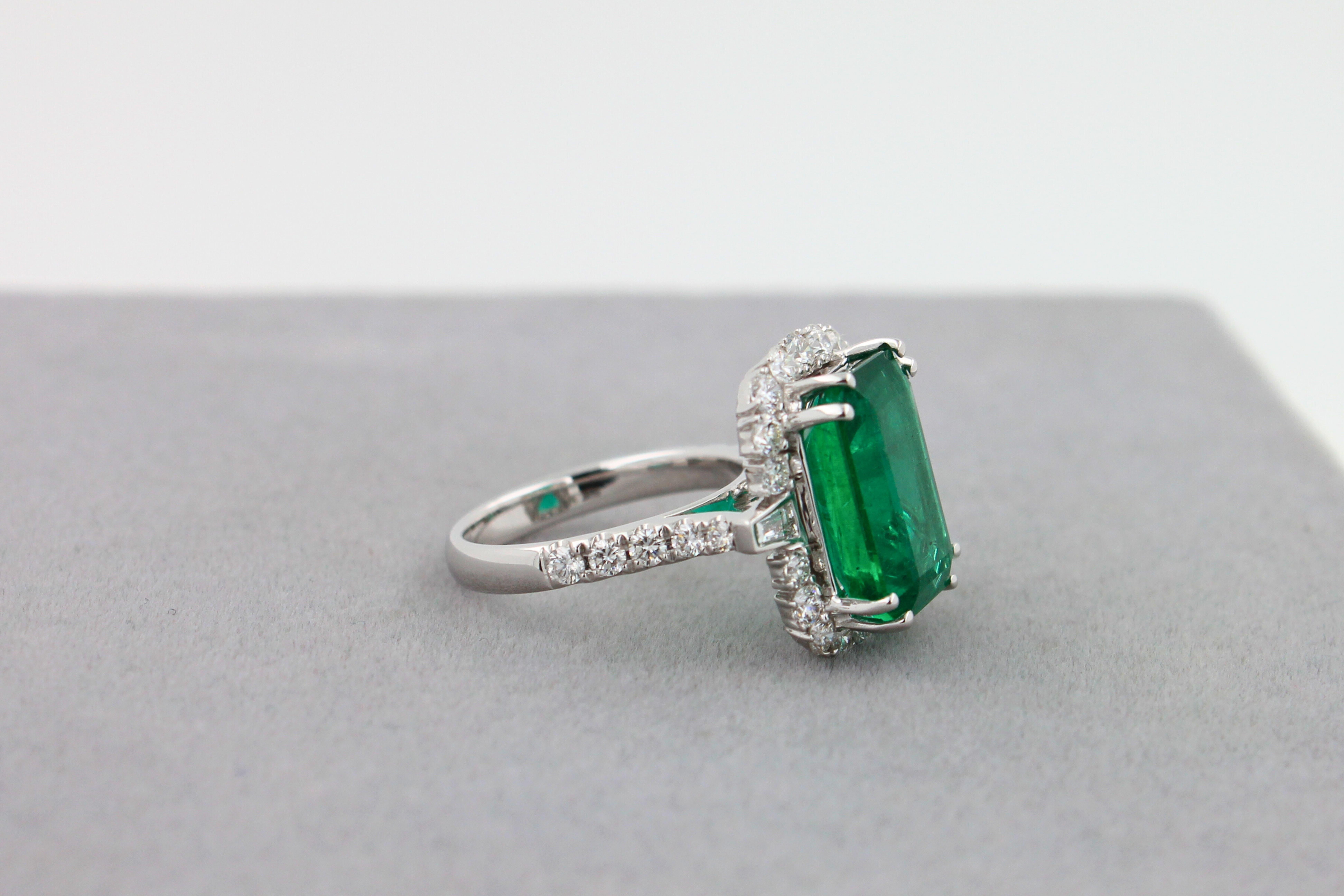 Green Emerald Octagon Cut Rectangle Diamond Halo Baguette 18K White Gold Ring For Sale 7