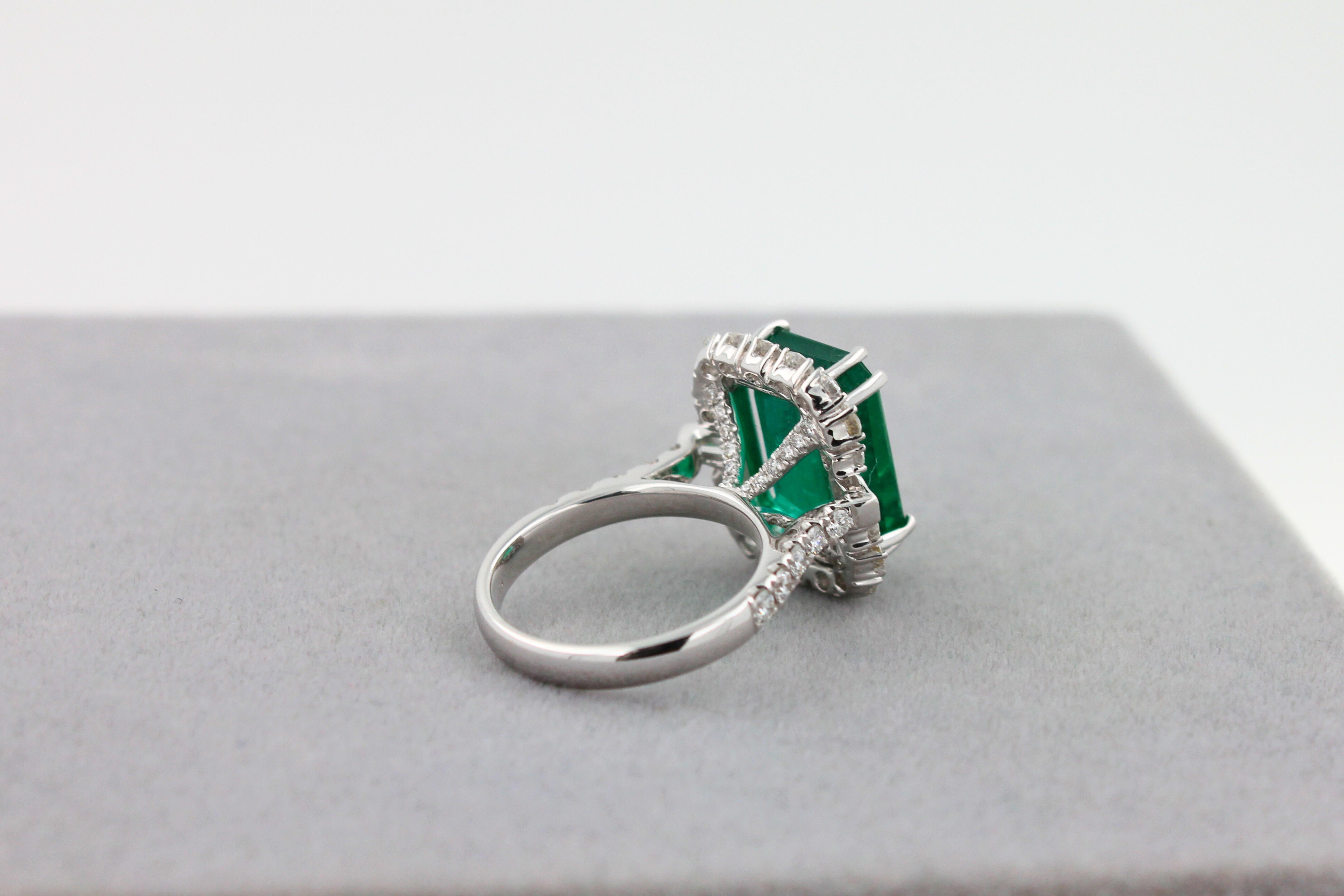 Green Emerald Octagon Cut Rectangle Diamond Halo Baguette 18K White Gold Ring For Sale 8