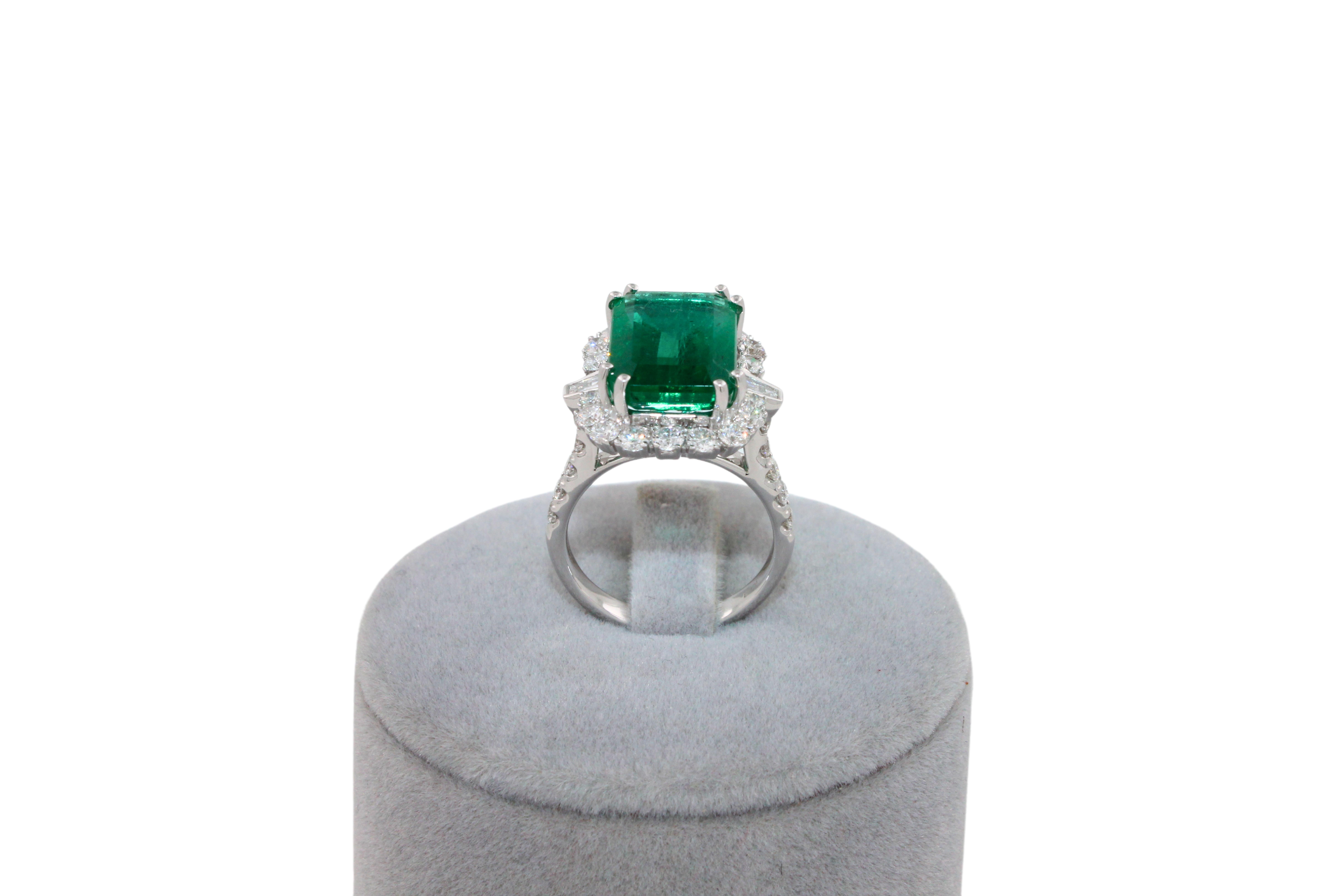 Green Emerald Octagon Cut Rectangle Diamond Halo Baguette 18K White Gold Ring For Sale 9