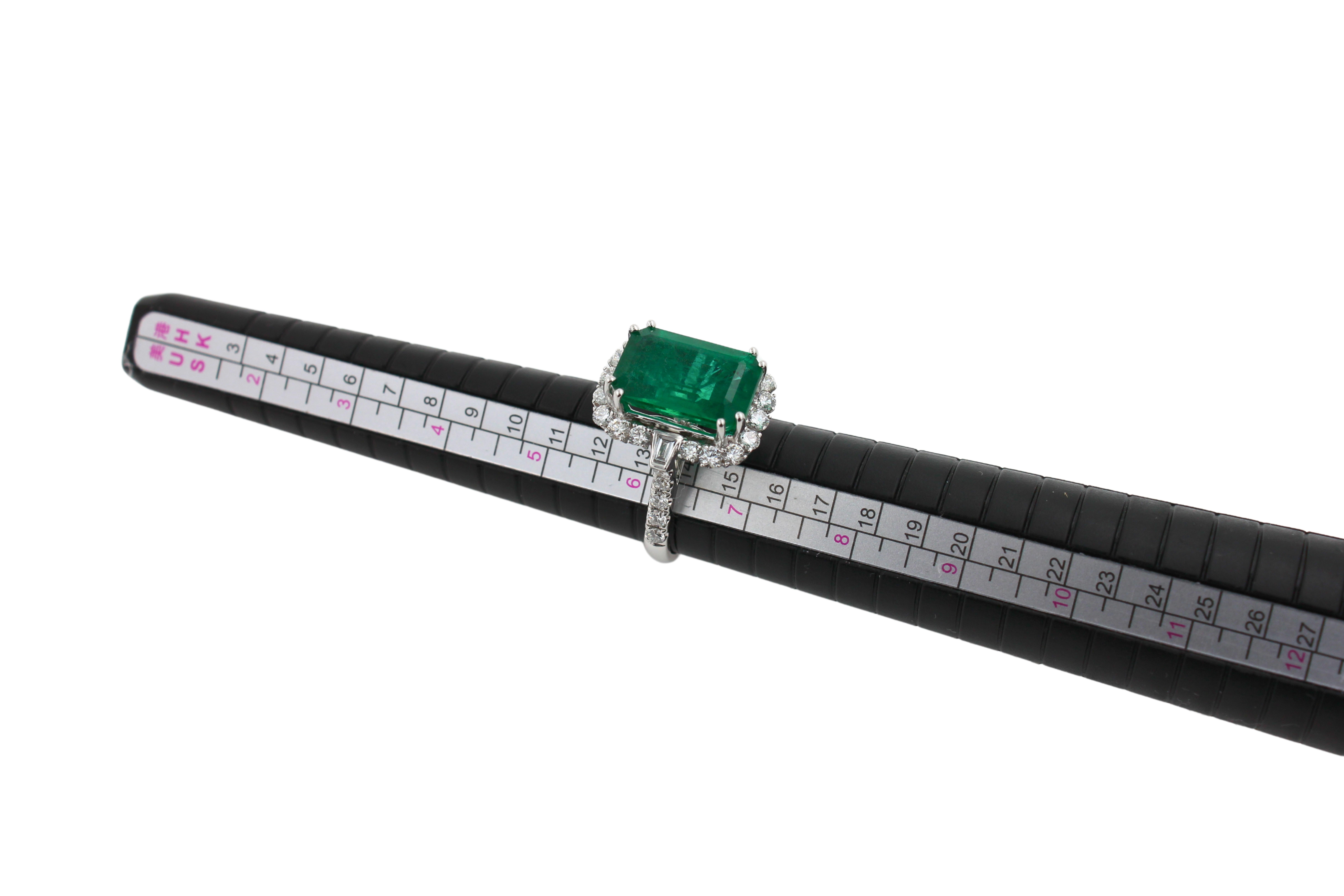 Green Emerald Octagon Cut Rectangle Diamond Halo Baguette 18K White Gold Ring For Sale 13