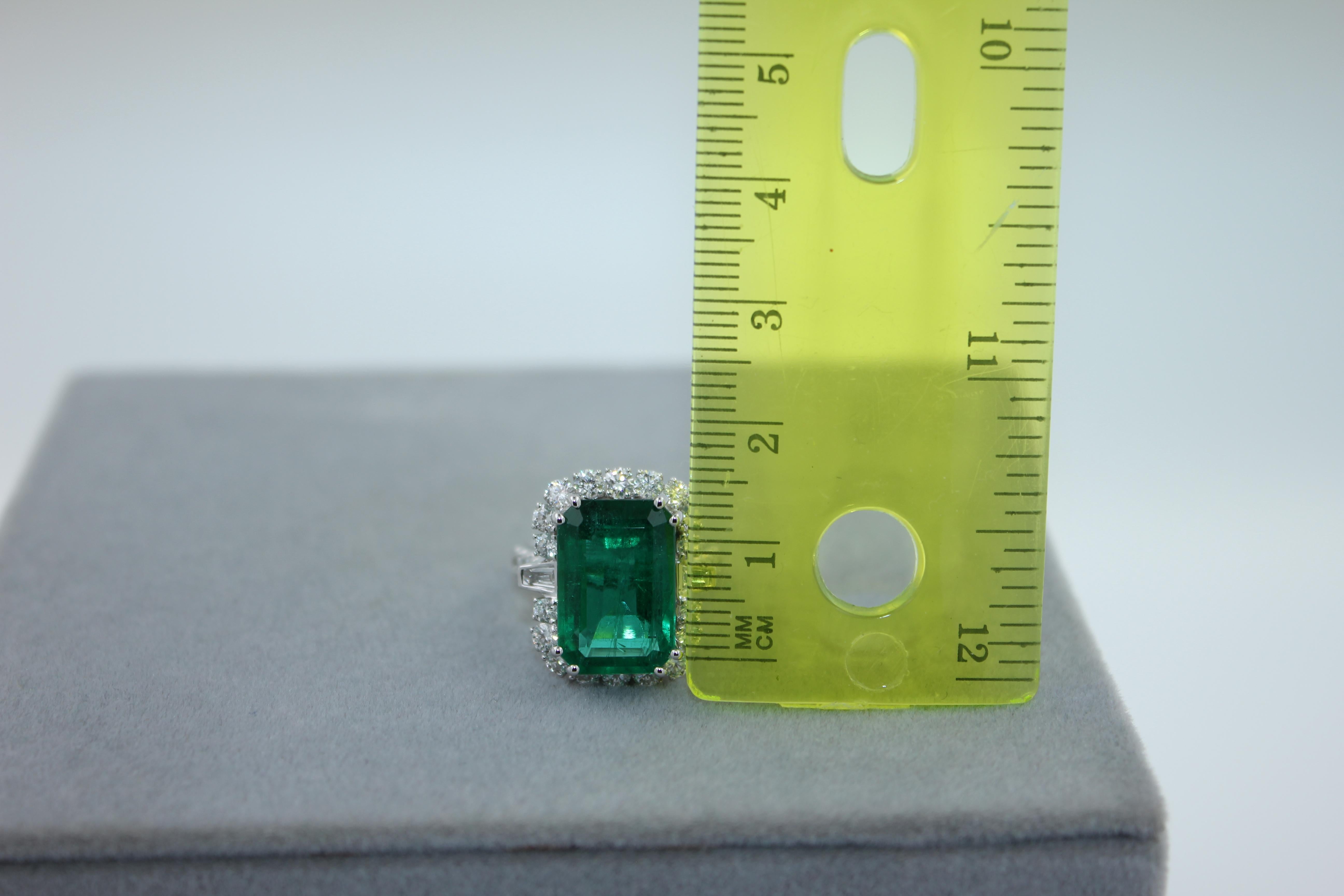 Green Emerald Octagon Cut Rectangle Diamond Halo Baguette 18K White Gold Ring For Sale 14