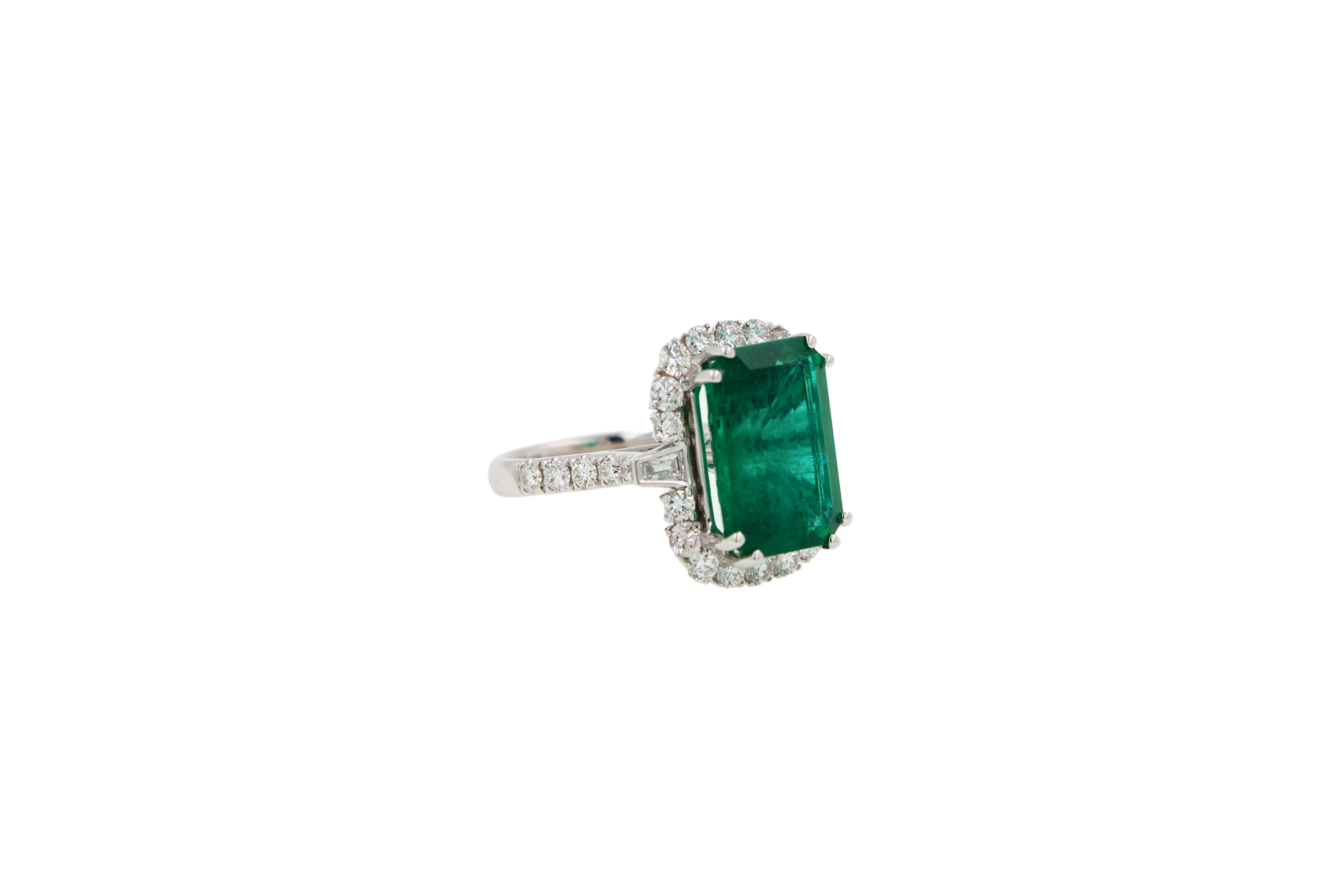 Women's Green Emerald Octagon Cut Rectangle Diamond Halo Baguette 18K White Gold Ring For Sale