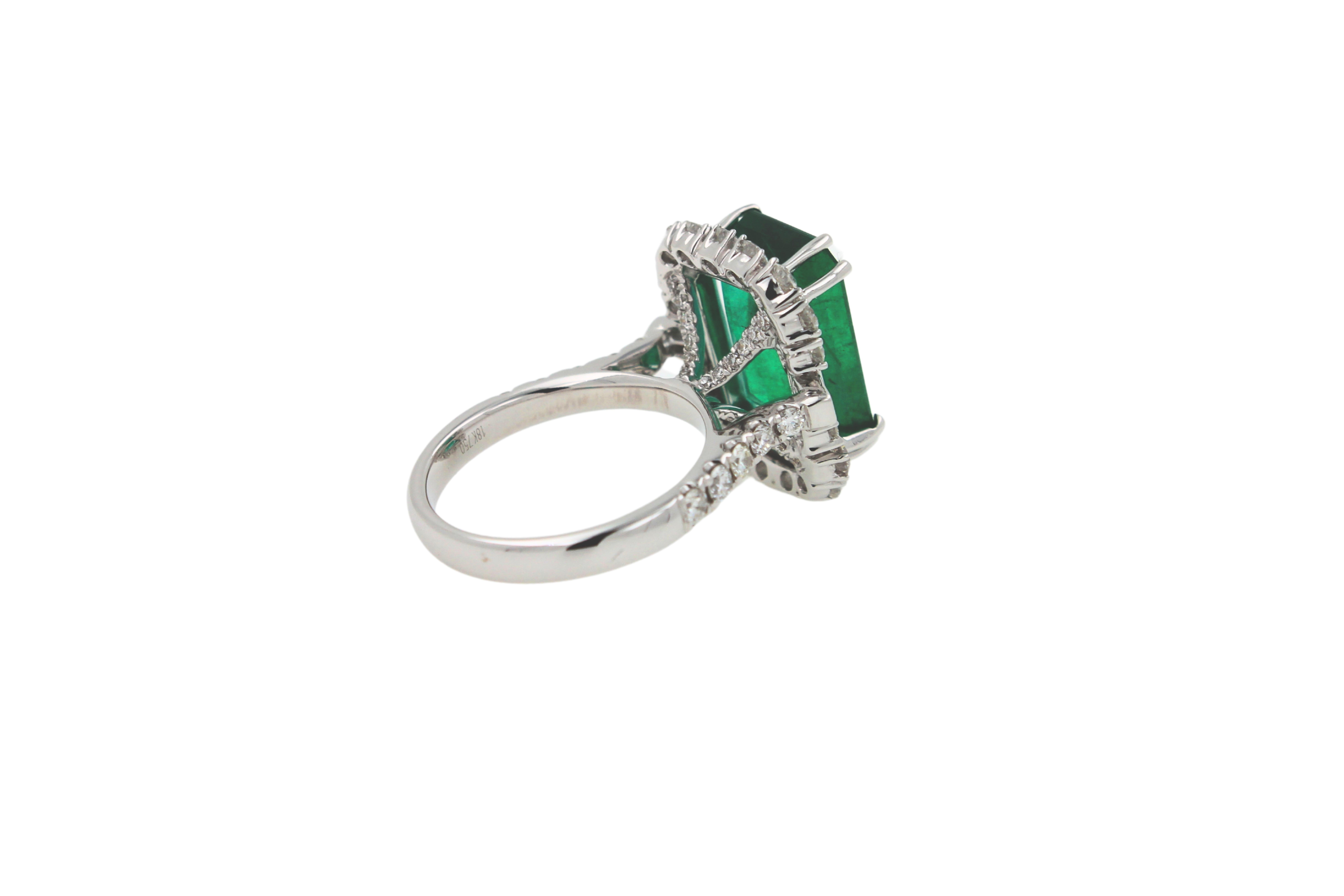Green Emerald Octagon Cut Rectangle Diamond Halo Baguette 18K White Gold Ring For Sale 1