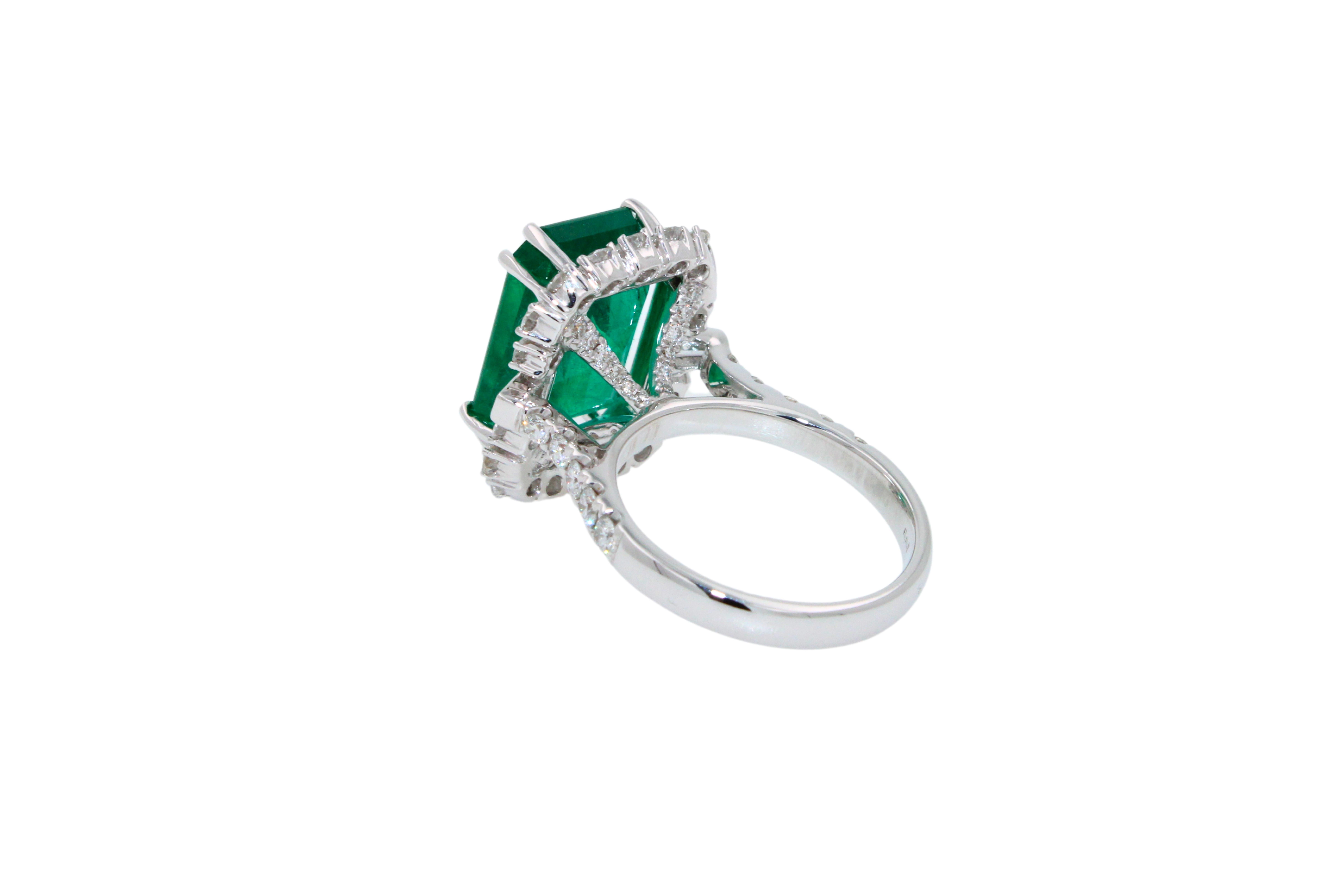 Green Emerald Octagon Cut Rectangle Diamond Halo Baguette 18K White Gold Ring For Sale 3
