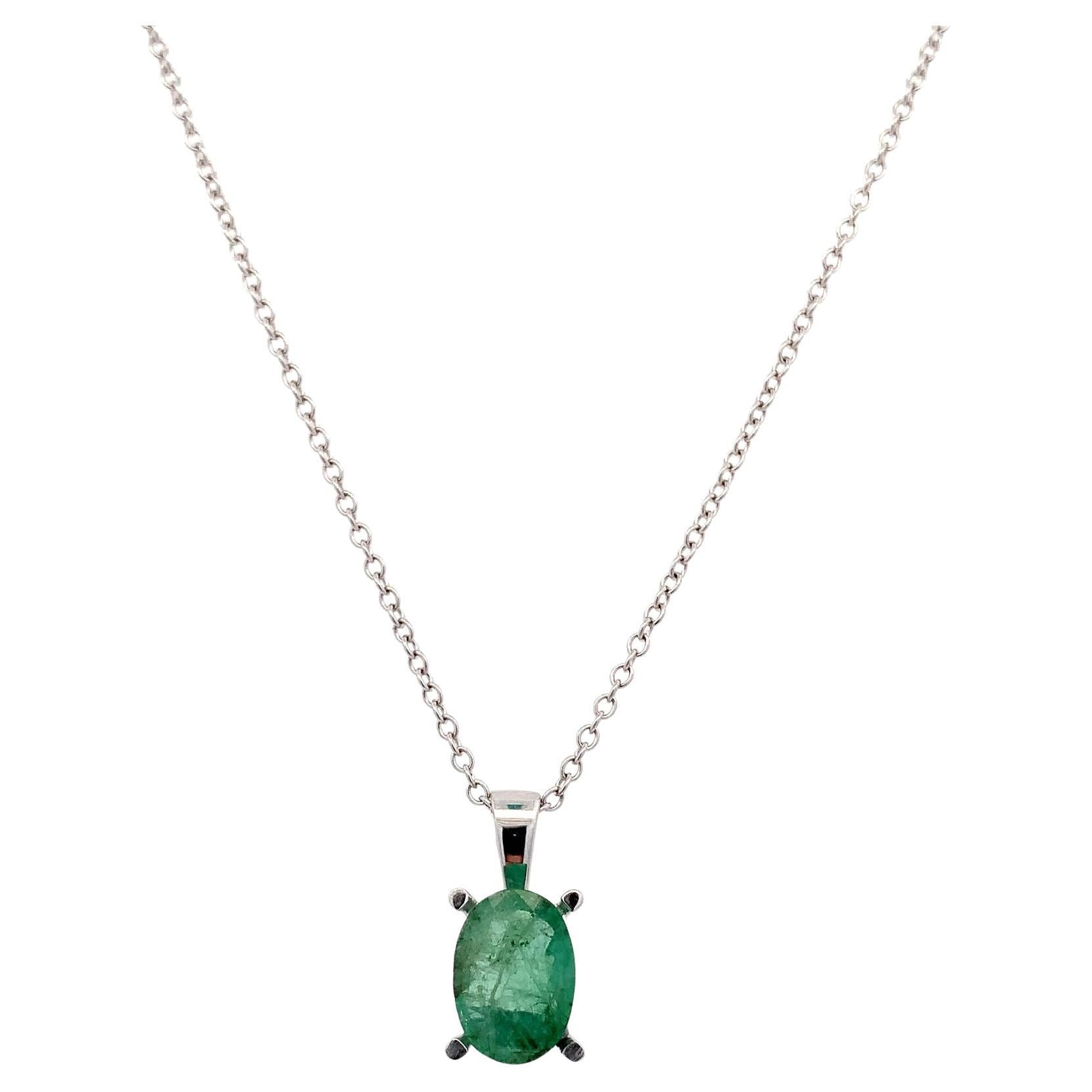 Green emerald oval cut necklace 18k white gold