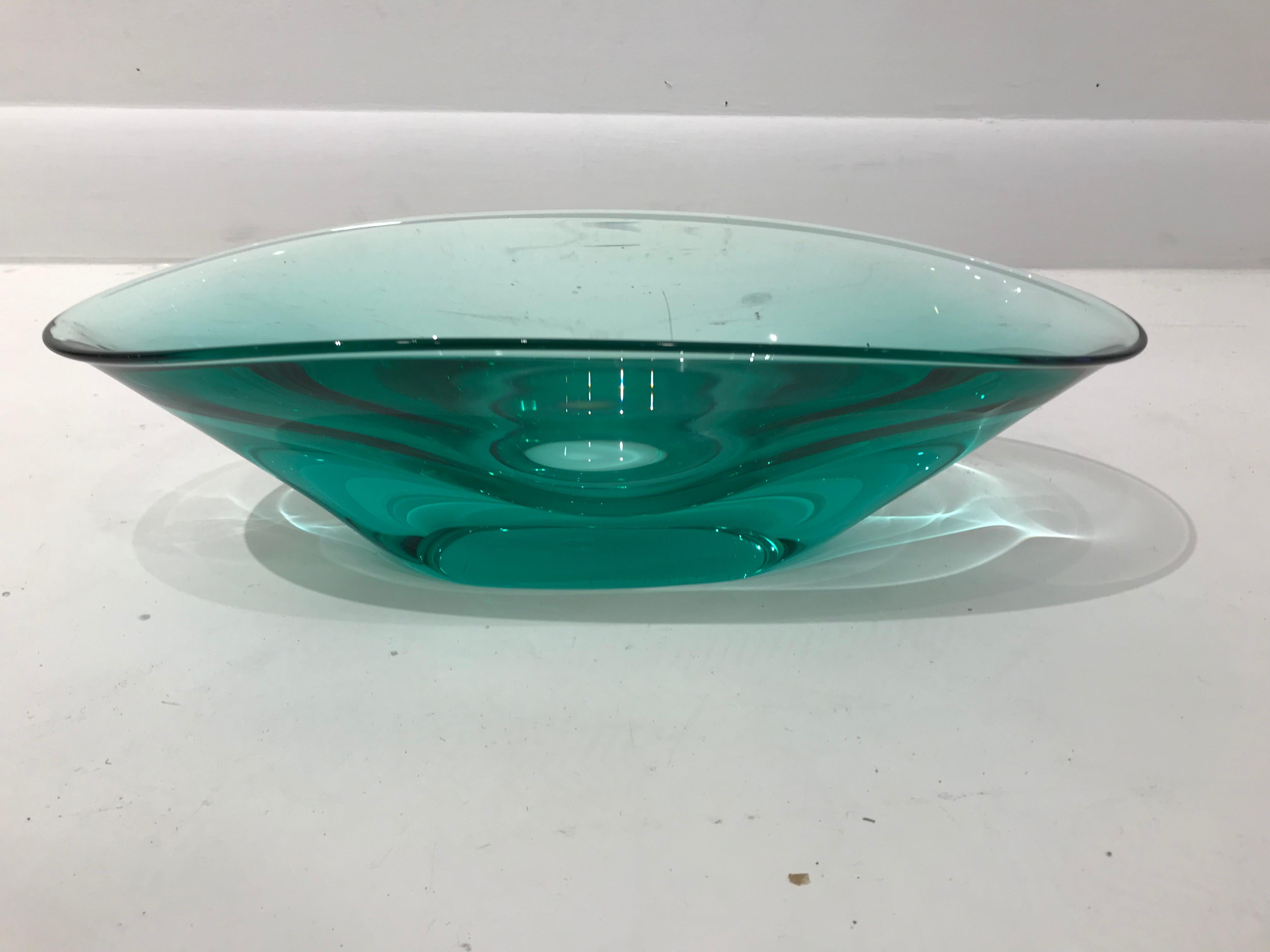 Italian Green Emerald Oval Glass Murano Bowl
