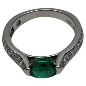 Green Emerald Oval Shape Diamond Channel Set 14K White Gold Statement Ring