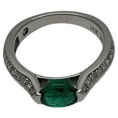 Green Emerald Oval Shape Diamond Channel Set 14K White Gold Statement Ring