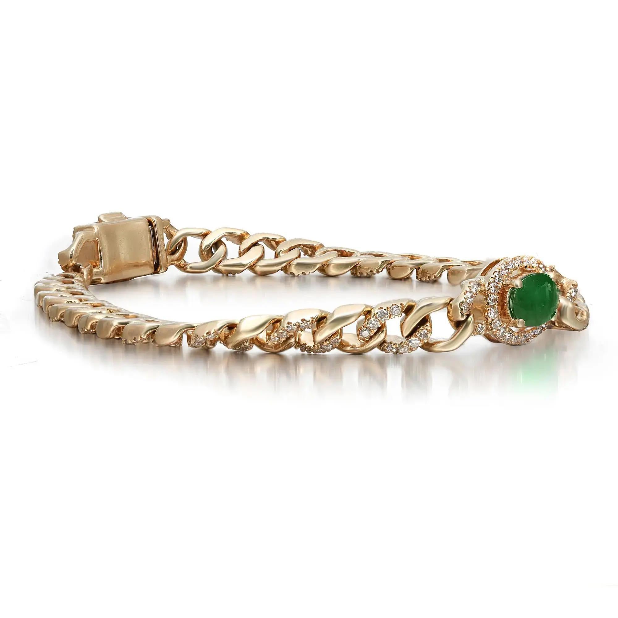 This beautifully crafted chain bracelet features a prong set oval shaped Emerald in the center with a round cut diamond halo attached to a pave set round diamond studded Cuban link chain. Crafted in 14k yellow gold. Total ruby weight: 0.94 carat.