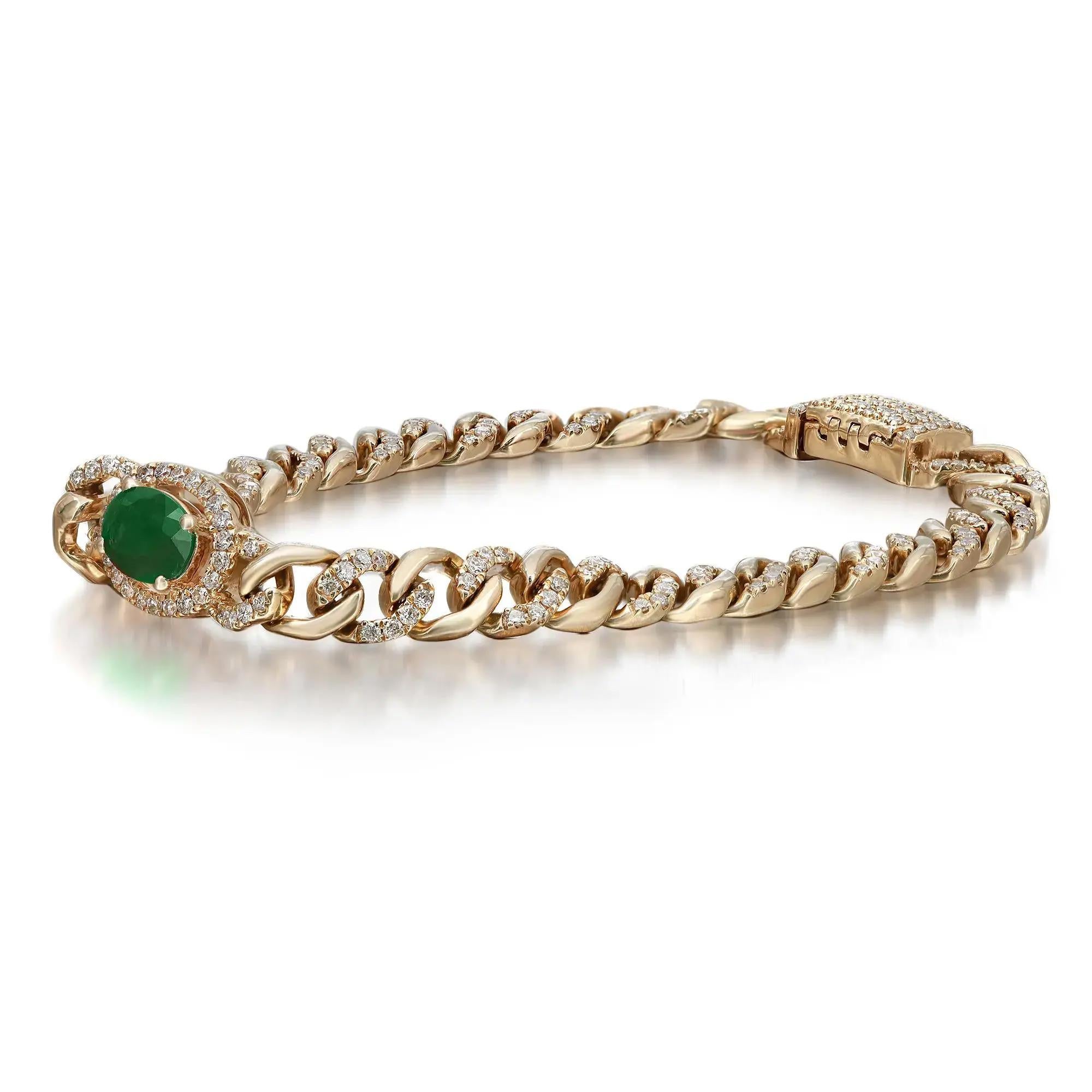 Oval Cut Green Emerald & Pave Diamond Chain Bracelet 14K Yellow Gold  For Sale