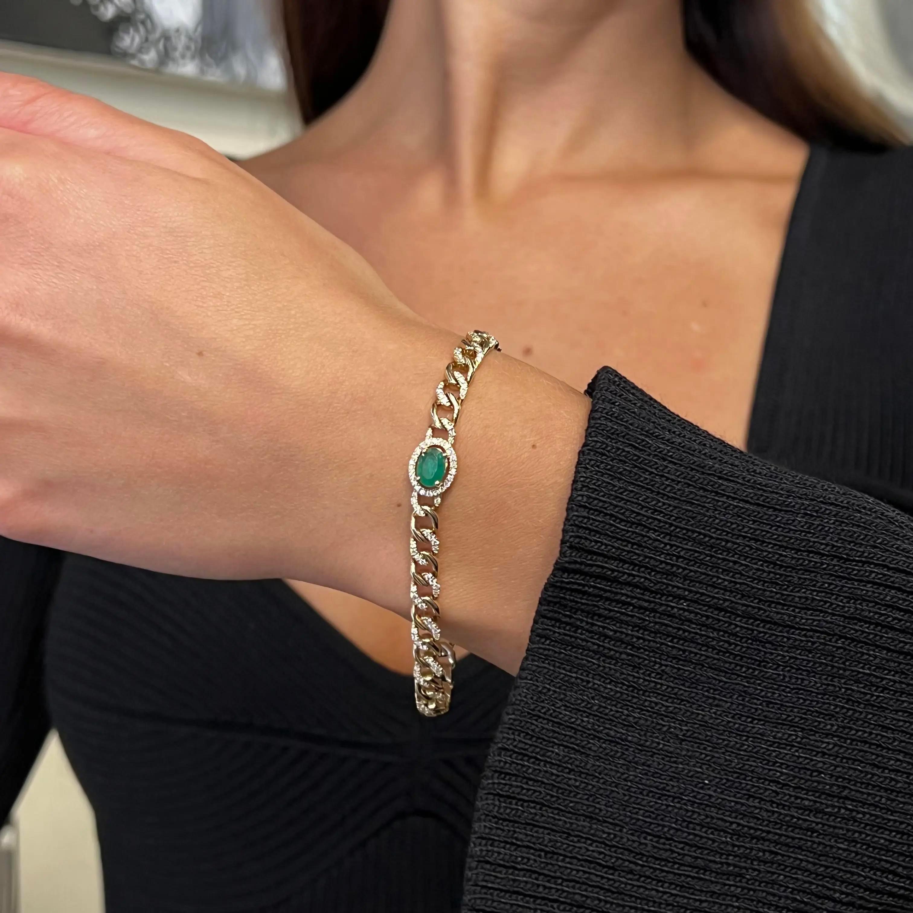Green Emerald & Pave Diamond Chain Bracelet 14K Yellow Gold  For Sale 1