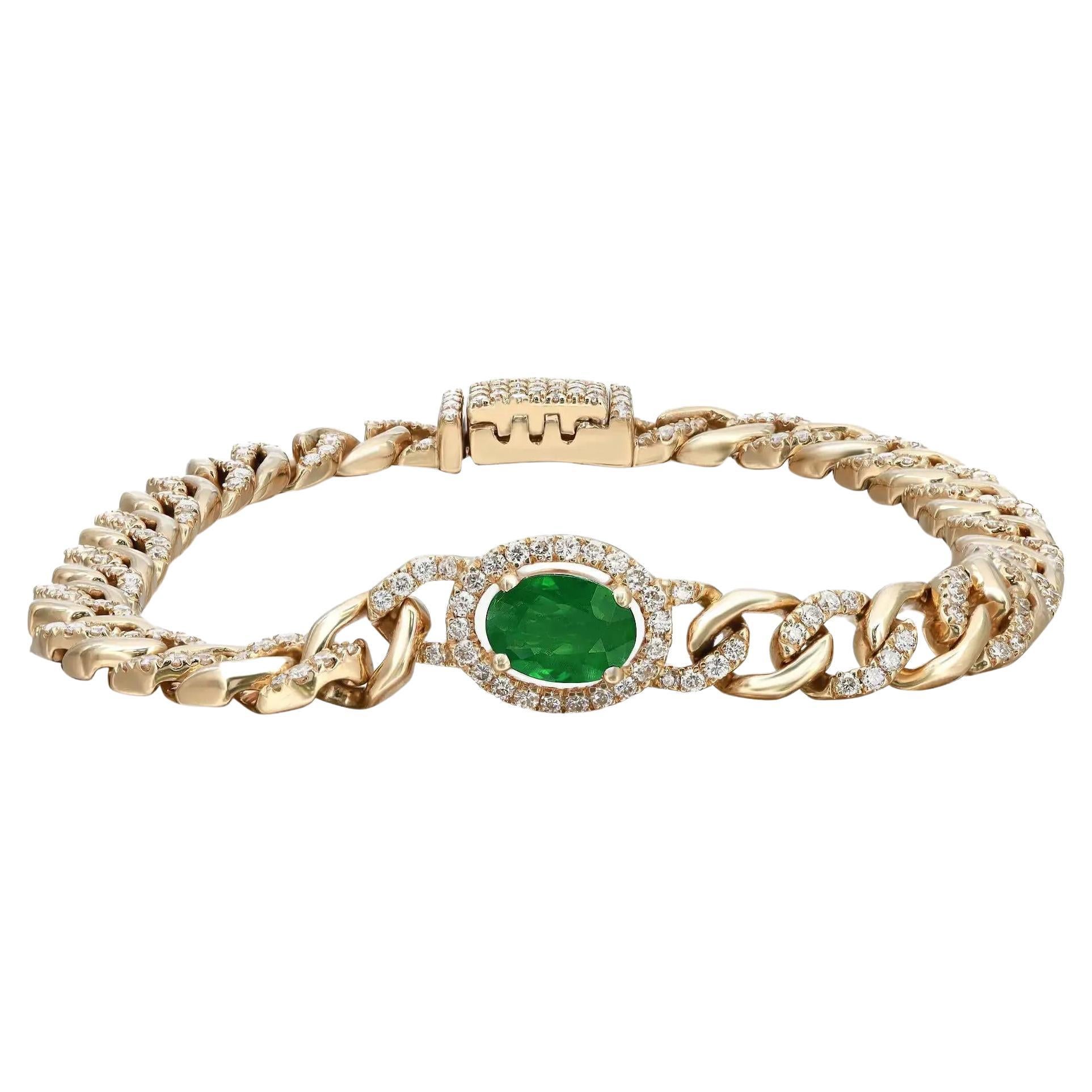 Green Emerald & Pave Diamond Chain Bracelet 14K Yellow Gold  For Sale
