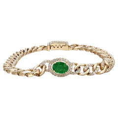 Green Emerald & Pave Diamond Chain Bracelet 14K Yellow Gold 