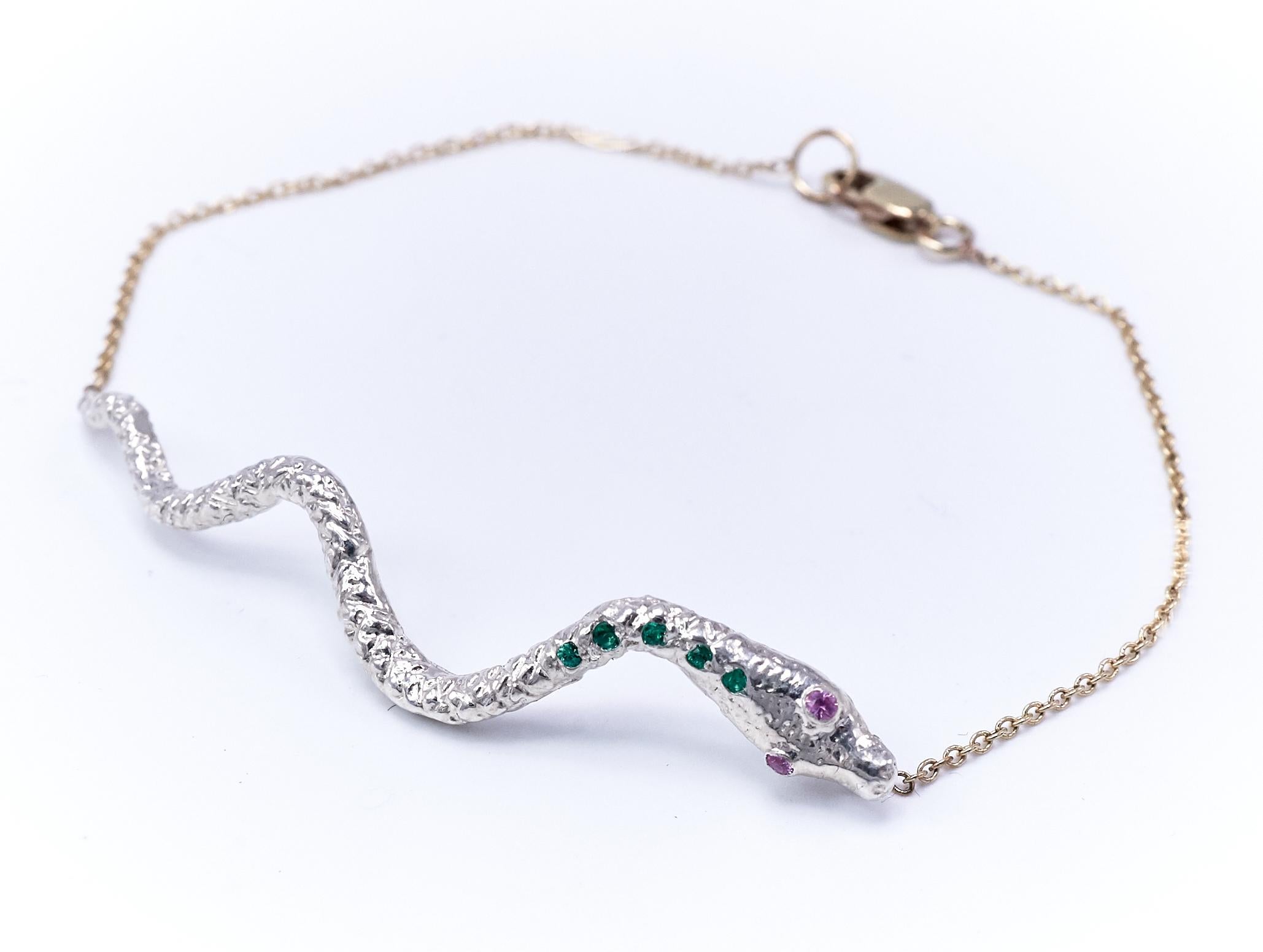 Green Emerald Pink Sapphire Bracelet Snake Silver In New Condition For Sale In Los Angeles, CA
