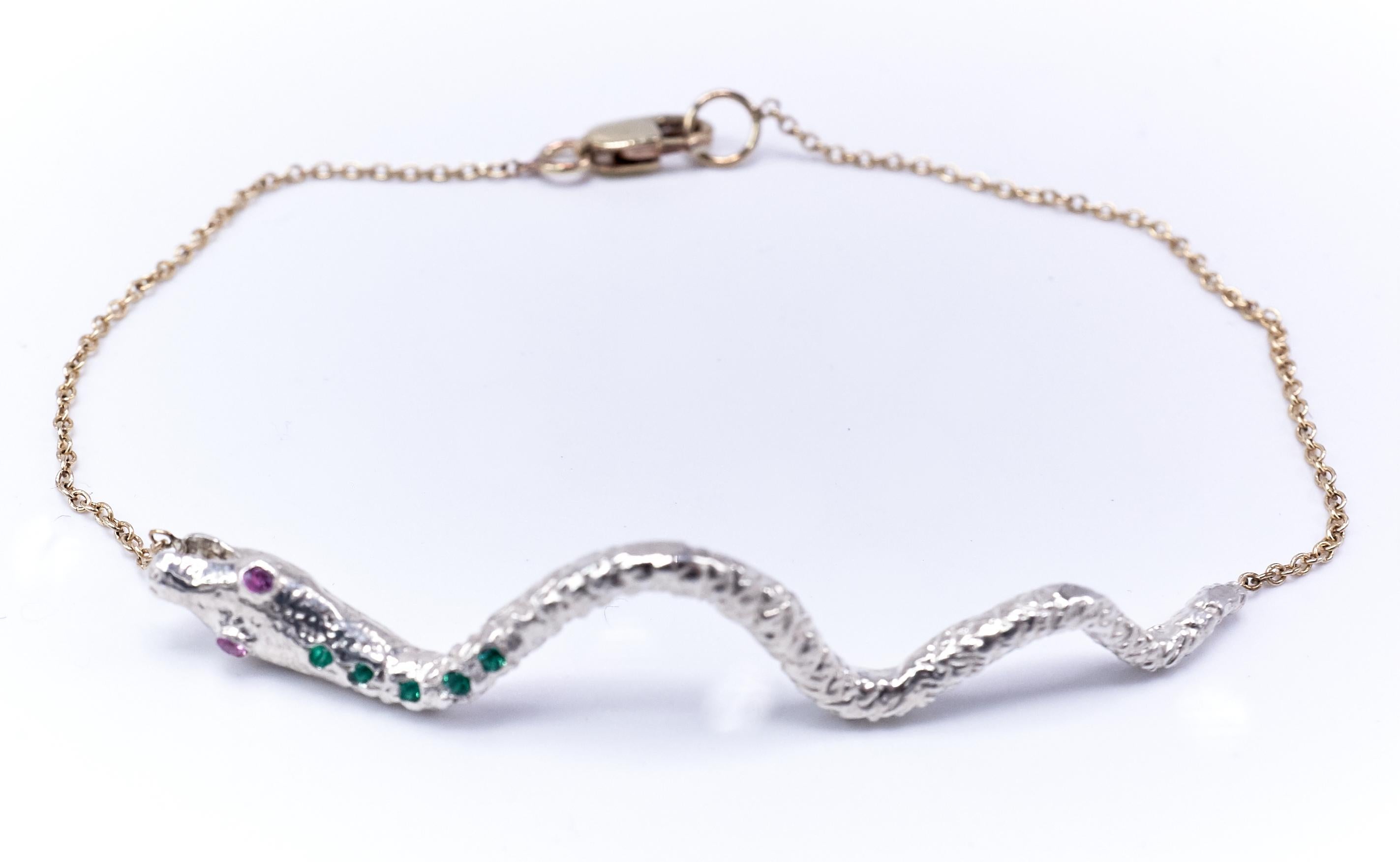 Women's or Men's Green Emerald Pink Sapphire Bracelet Snake Silver For Sale